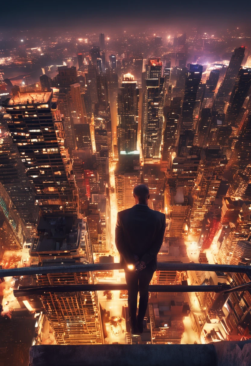 Homem no alto de um edificio de 50 andares, wistful, looking at the City Lights at night