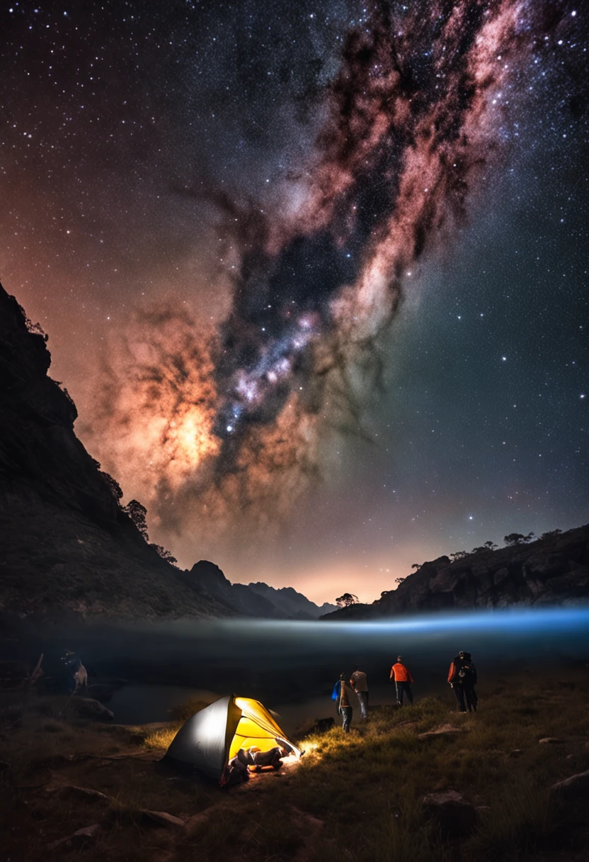 Capture the magical moment when a group of friends camp under a starry sky and the Milky Way unfolds in a light show in the firmament. As chamas crepitantes de uma fogueira aquecem a cena, enquanto os amigos compartilham risos e olhares maravilhados. The shadows of the trees dance softly around, and one of his friends strums a guitar, adding a soft soundtrack at night. The stars shine brightly in the sky, with the Milky Way painting a luminous arc from end to end. Each friend is wrapped in a sleeping bag, looking up at the sky with wonder and serenity. The atmosphere is one of serenity, Friendship and connection with the cosmos.