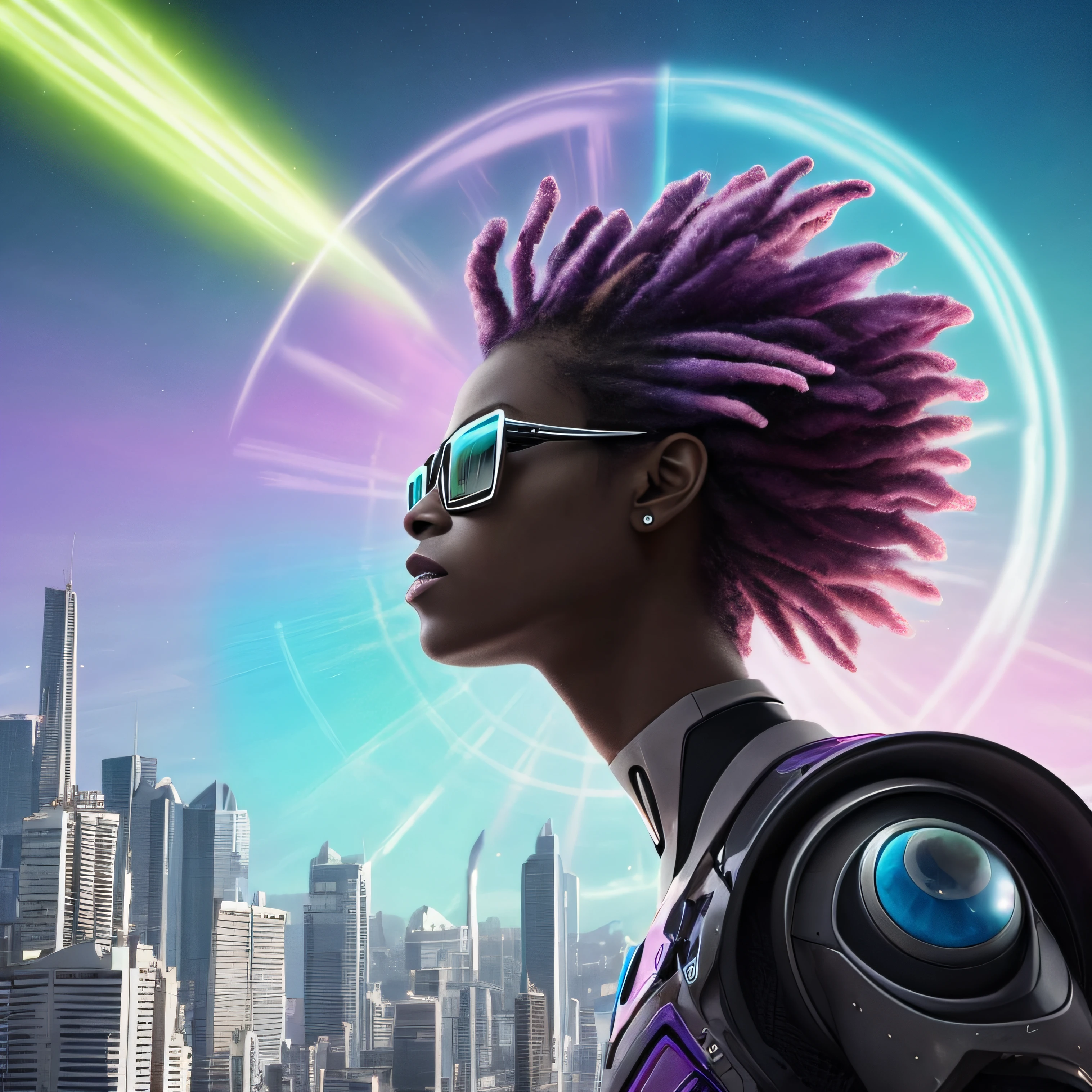 Uma mulher negra, vestida como uma personagem do filme matrix, com cabelo composto do dreads coloridos evidenciando as seguintes cores: pink, lilac, lime green, roxo, baby blue, turquesa, verde escuro, azul marinho, tatuagens, piercings, wearing futuristic glasses, apontando uma arma grande, Super futuristic and technological for a giant robot, ultra futurista, pegando fogo, fundo composto por uma nave espacial composta principalmente pelas cores preto, cinza, branco, prateado e verde musgo, objetos futurista, no estilo futurista industrial, Huge glass window showing a sky in colors, preto, roxo, azul escuro, estrelado, Buildings on fire, animas voadores, Technological, futuristic and colorful flying through the sky, 8k, melhor qualidade, imagem profissional, sem sombras, cores vivas, imagem realista