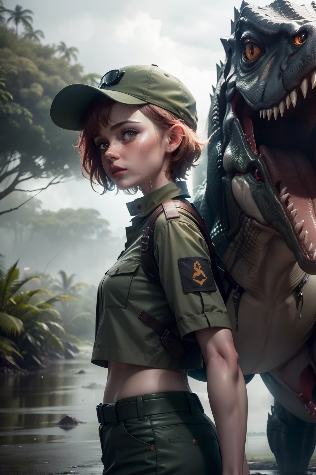 Hot Sophia lillis hunting alongside with a T-rex next door jurassic jungle in background, rainy wet weather, soaking wet skin, raindrops, thunderstorm, bright neon lights, pale skin, high details, best quality, 8k, [ultra detailed], masterpiece, best quality, (extremely detailed), dynamic angle, ultra wide shot, RAW, photorealistic,