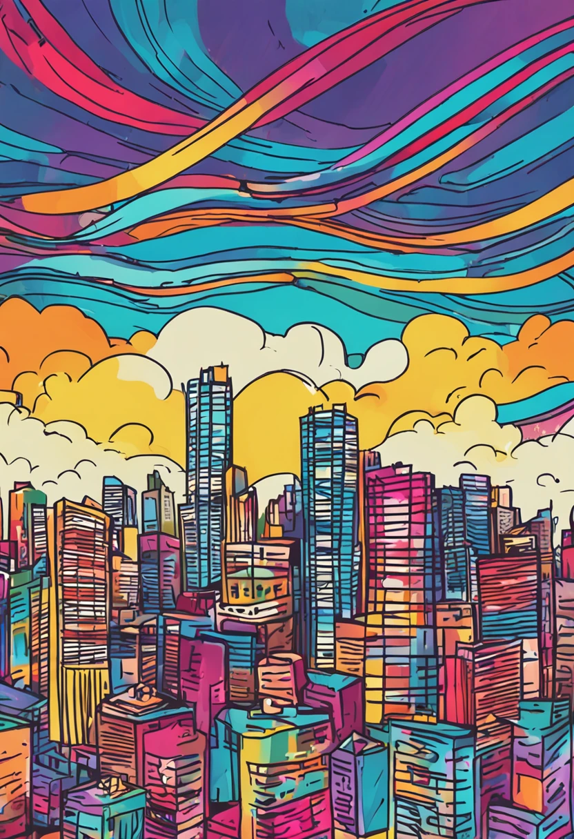 a painting of a São Paulo city skyline with a rainbow painting effect, a picture by senior artist, pintura a tinta europeia moderna, cidade colorida, imagem impressionante, Skyline da cidade, cidade de cores imaculadas, city backdrop, Imagem colorida, Paisagem da cidade, cidade em backround, Skyline da cidade ao fundo, horizonte urbano, Skyline da cidade no backround, Artistic illustration