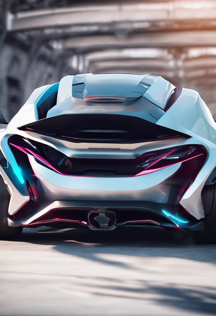 Futuristic car with aerodynamic lines, Realistic details and vivid painting. Rodas esportivas que ressaltam a agressividade do design. In a setting of stunning nature, This amazing car stands out, Cor cinza, LED headlights, imagem em 4k carro de frente para a tela.