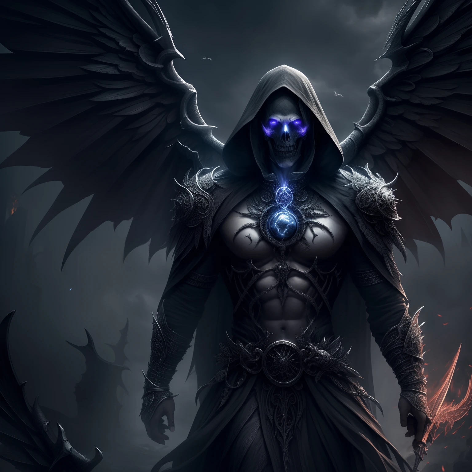 (very detailed 8k wallpaper), super realistic of a terrifying necromancer, intricate, high detail, dramatic, with wings