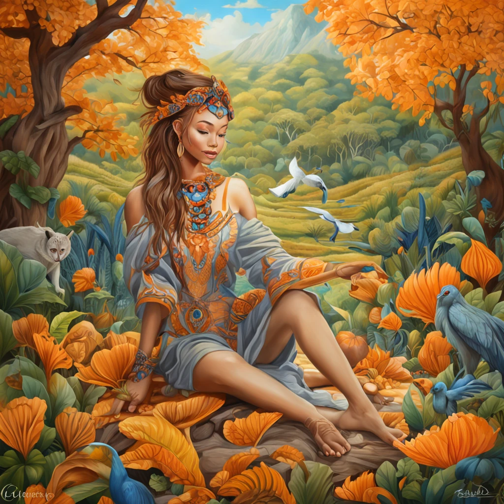pintura de uma mulher com cabelos longos e olhos azuis em um campo de folhas, junto com um belo tigre, ((best quality)), ((master part))Art installation Art Brock Moore in the jungles of California, ao estilo de Casey Weldon, natalie shau, Giuseppe Arcimboldo, Pintor de borda dura, psychedellic color palette, Tender representation of nature, unprimed canvas, oil paint, Cinematic lighting, alto contraste
bela arte digital |, linda arte digital linda, Bela arte UHD 4K, bela arte digital, a beautiful artwork illustration, Digital painting nice, arte digital muito bonita, lindo pintura digital, beautiful autumn spirit, retrato bonito da arte da fantasia, lindo arte digital, vento de outono, pintura de personagem bonita