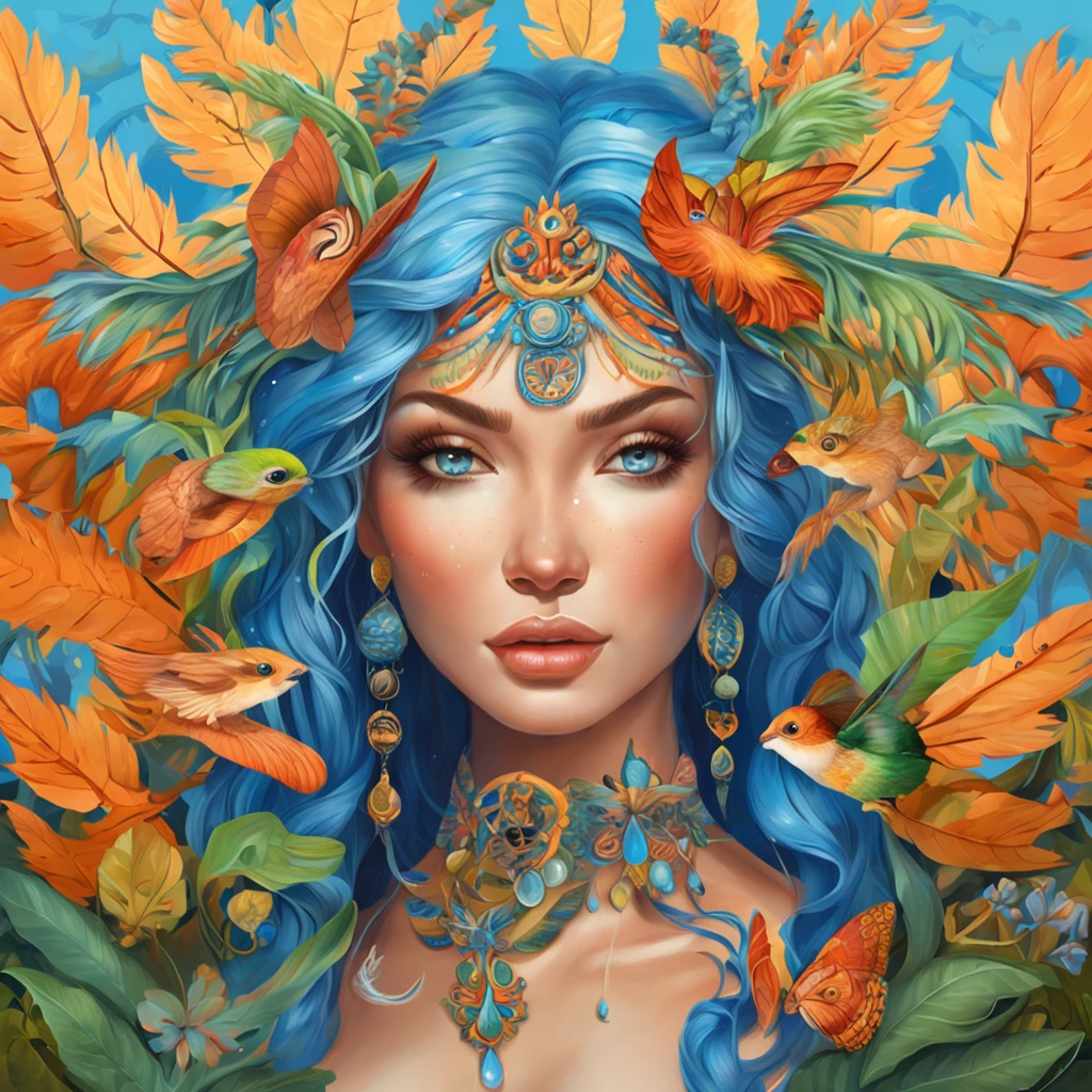 pintura de uma mulher com cabelos longos e olhos azuis em um campo de folhas, junto com um belo tigre, ((best quality)), ((master part))Art installation Art Brock Moore in the jungles of California, ao estilo de Casey Weldon, natalie shau, Giuseppe Arcimboldo, Pintor de borda dura, psychedellic color palette, Tender representation of nature, unprimed canvas, oil paint, Cinematic lighting, alto contraste
bela arte digital |, linda arte digital linda, Bela arte UHD 4K, bela arte digital, a beautiful artwork illustration, Digital painting nice, arte digital muito bonita, lindo pintura digital, beautiful autumn spirit, retrato bonito da arte da fantasia, lindo arte digital, vento de outono, pintura de personagem bonita