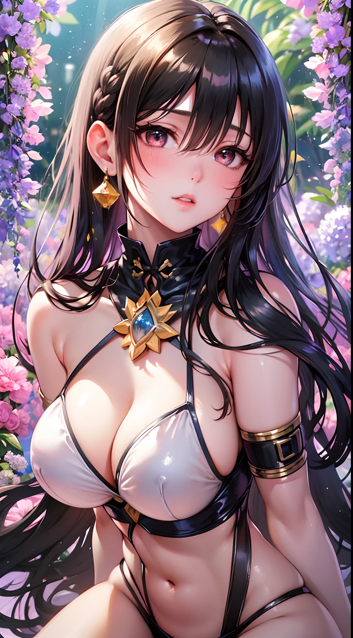 There is a woman in a pink swimsuit, Naughty swimwear,, Japan Girl, Japan Women, Japan style, shores, Glittering beaches, Mare, Water splashes are flying, Nasty swimsuit, Obscene swimsuit, portrait photo, A Princess, Inspired by Nogizaka46, Blonde goddess, beautiful brunette girl, oriental girl, master work, The highest image quality, hightquality, high detailing, 超A high resolution, 8K resolution, depth of fields, Cinematography, intricate detailes, Elaborate, meticulous, Magnificent, Maximum Detail, Extreme beauty, (((1girl in, Solo))), 18year old, Long hair, Multicolor Hair, White skin, Realistic, masutepiece, (The highest image quality), hightquality, high detailing, 超A high resolution, the panorama, Exquisite facial features, Perfect face, Glowing skin, Dreamy background, Women, Girls, angelicales, mini girls, goddes, bard, Shy, Surprise, shoulder-length hair, Black hair, sharp and clear focus, three-dimensional silhouette, correct proportions, Realistic portrait, Face Close-up, a very temperamental beautiful girl, Slender figure, Exquisite facial features, long hair flowing, Black hair, extremely detailed hair description, (鎖骨), Perfect face, clean and flawless face, long eyelashes, light pink eye shadow, shallow dimples, blush, watery big eyes crystal clear, delicate cream Glowing skin like skin, detailed skin details, CFG scale: 8,(A beautiful girl with large breasts and a wisteria flower in her hair),(She is dressed in a white bikini、lips slightly separated),(Because she stands surrounded by the plants of Araune、Her navel is visible), a dream-like atmosphere with vibrant colors and soft lighting,1girl in,alraune, flower,Large breasts, Navel,,wisteria, Parted lips,