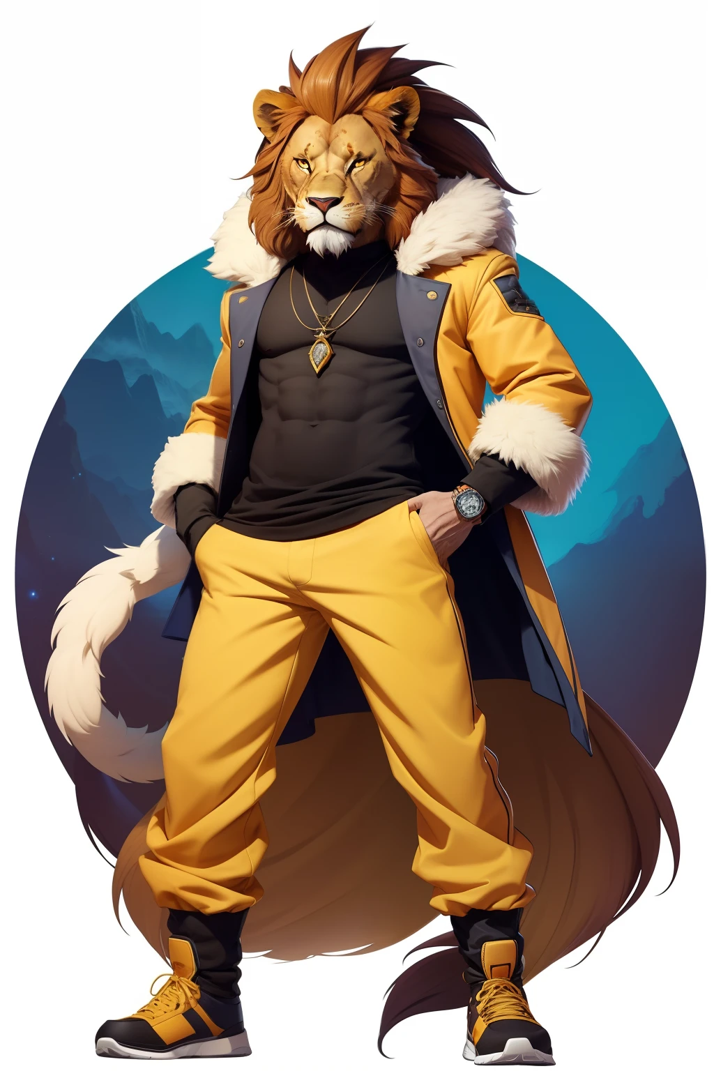 Create a Cartoon Network-style illustration of an avatar-fused anthropomorphic lion, Standing, Facing Forward, and full-length to showcase its face and charisma. The lion's mane presents multicolored tones, of violets, yellows and reds, blue, orange, which flutters with the wind. Slim-fit sportswear, including a jacket and pants in the same tones, adds dynamism to the composition. His yellow eyes, intense and sure, Capture the essence of the avatar. His demeanor combines the relaxation of a lion with the characteristic determination of the avatar. ((the white background)). Details such as fur texture, clothing folds, and facial subtleties must be meticulously recreated. All of this is captured in astonishing fidelity on the Fujifilm GFX 100 media BSI CMOS camera in 64K quality, to deliver a Cartoon Network-style rendering of the fused character.
