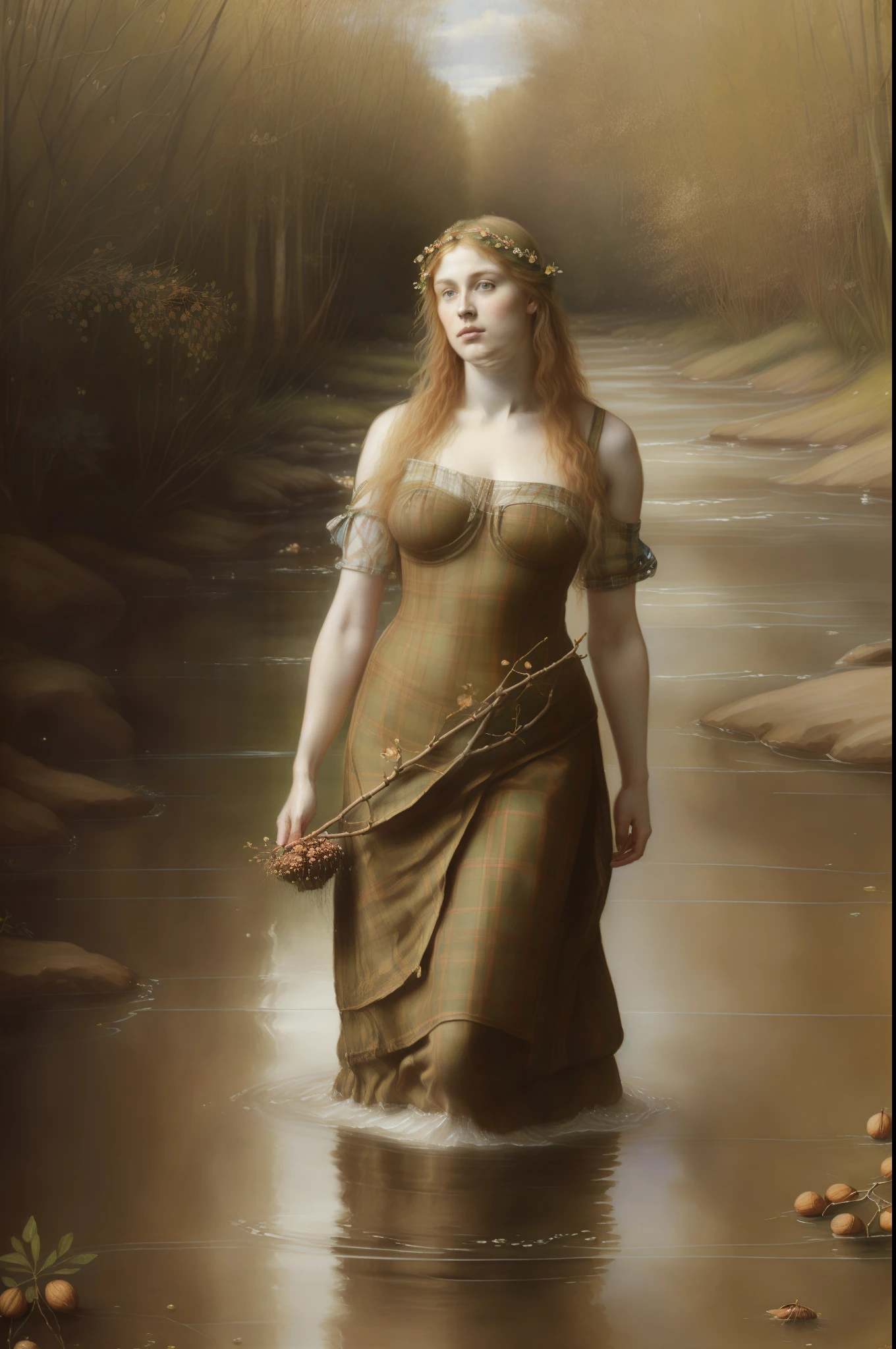 (((Pre-Raphaelite painting of a blonde Celtic maiden holds a hazelnut staff while drowning in the waters of a river, paisagem irlandesa, hazelnut tree, avelãnzeiras)))