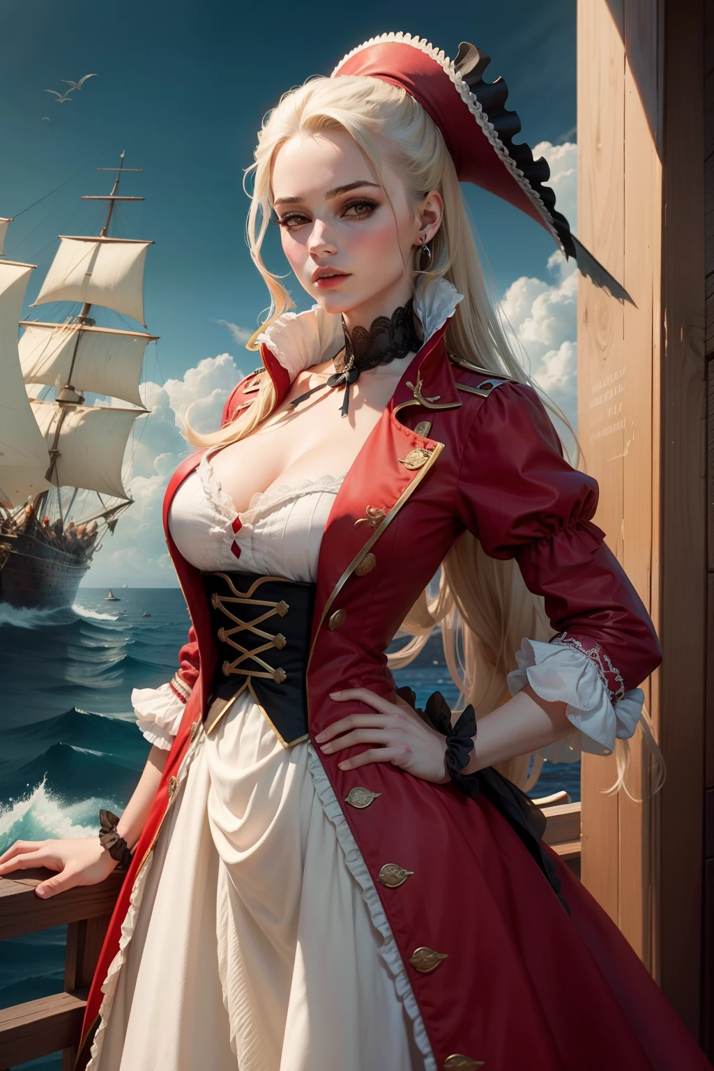 Eighteenth-century French female pirate. Roupas vermelho sangue, courtesan, femme fatale, Bloody, espartilho, pirata em um navio pirata.