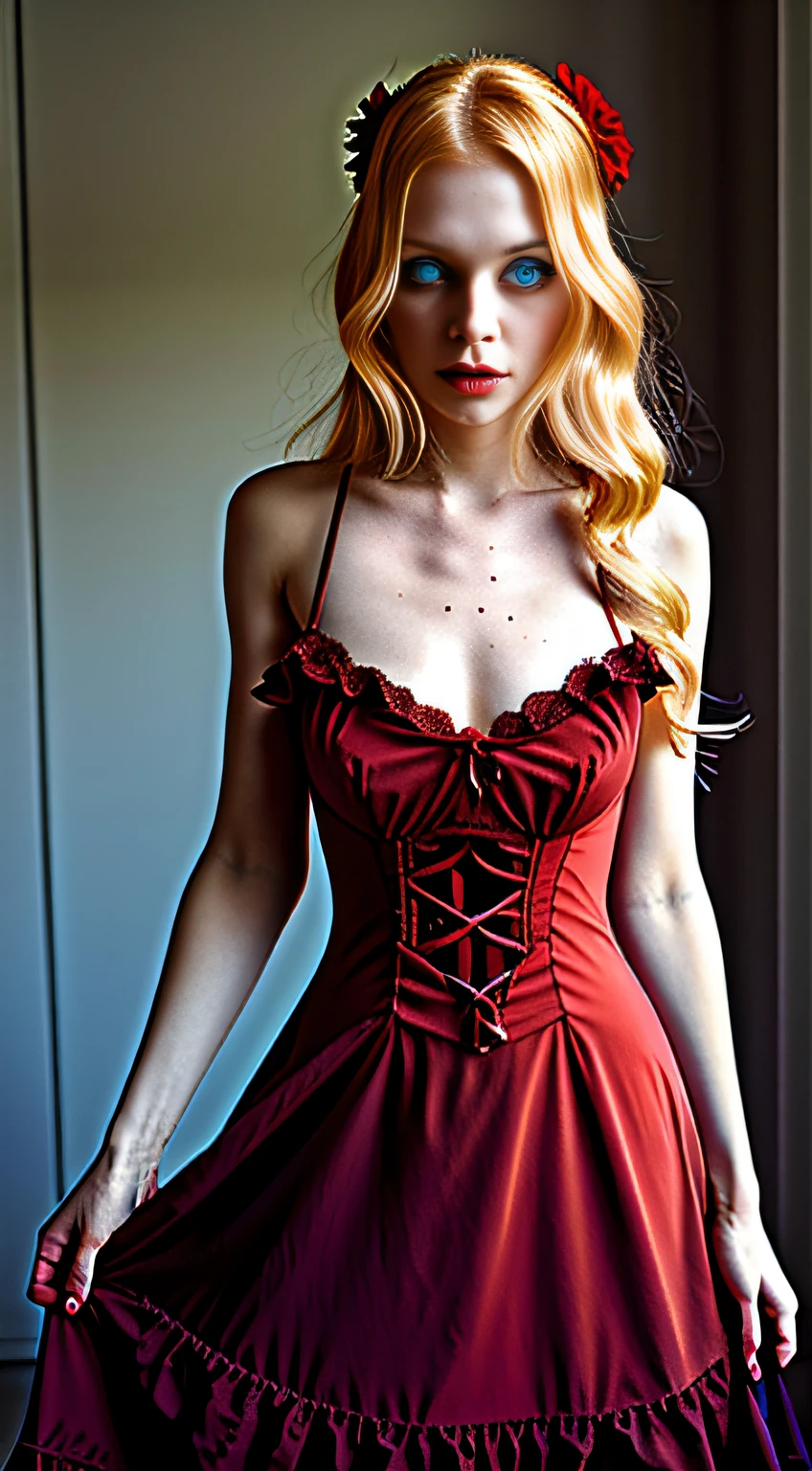 Photo of dress red gothic sexy, blonde, eyes blue Woman, Summer,