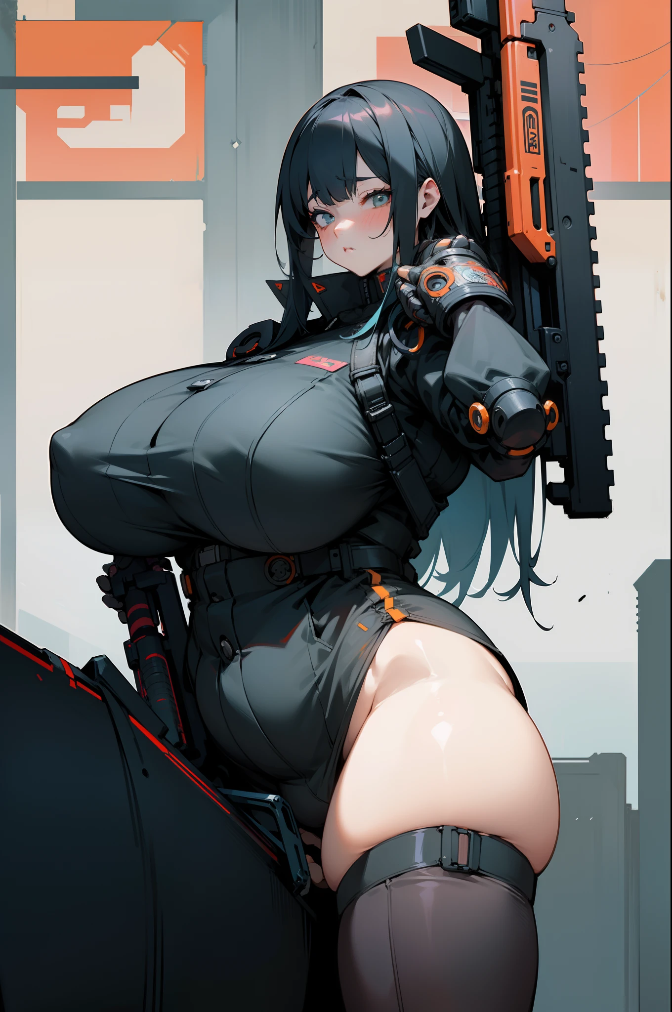 anime girl with a chainsaw and a gun in her hand, cyberpunk art by Shitao, pixiv contest winner, auto-destructive art, oppai cyberpunk, thicc, heavy detailed, (sfw) safe for work, heavy looking, biomechanical oppai, giantess art, badass anime 8 k, thicc build, highly detailed giantess shot