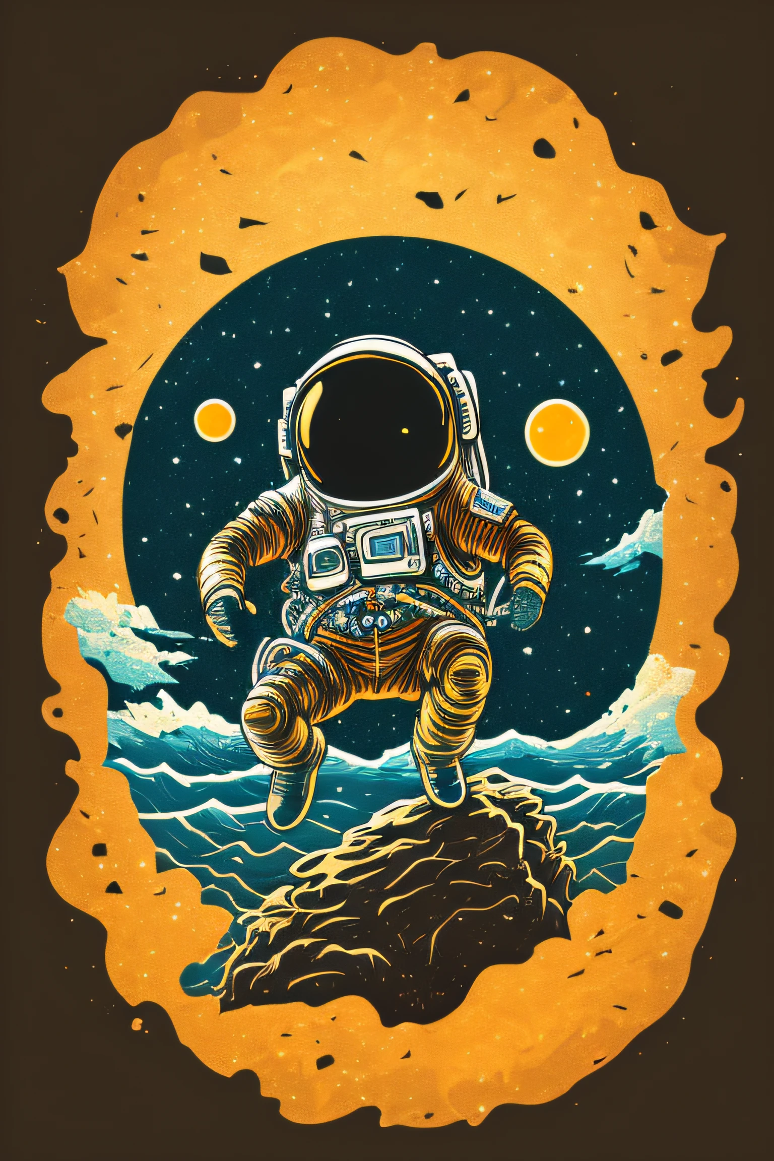 An astronaut sitting on a rock in a relaxed position, with a beer, in a circle, with black background and art vector style, in a vibrant and characteristic sunset, with detailed and sharp outline, as a t-shirt logo in the style of art