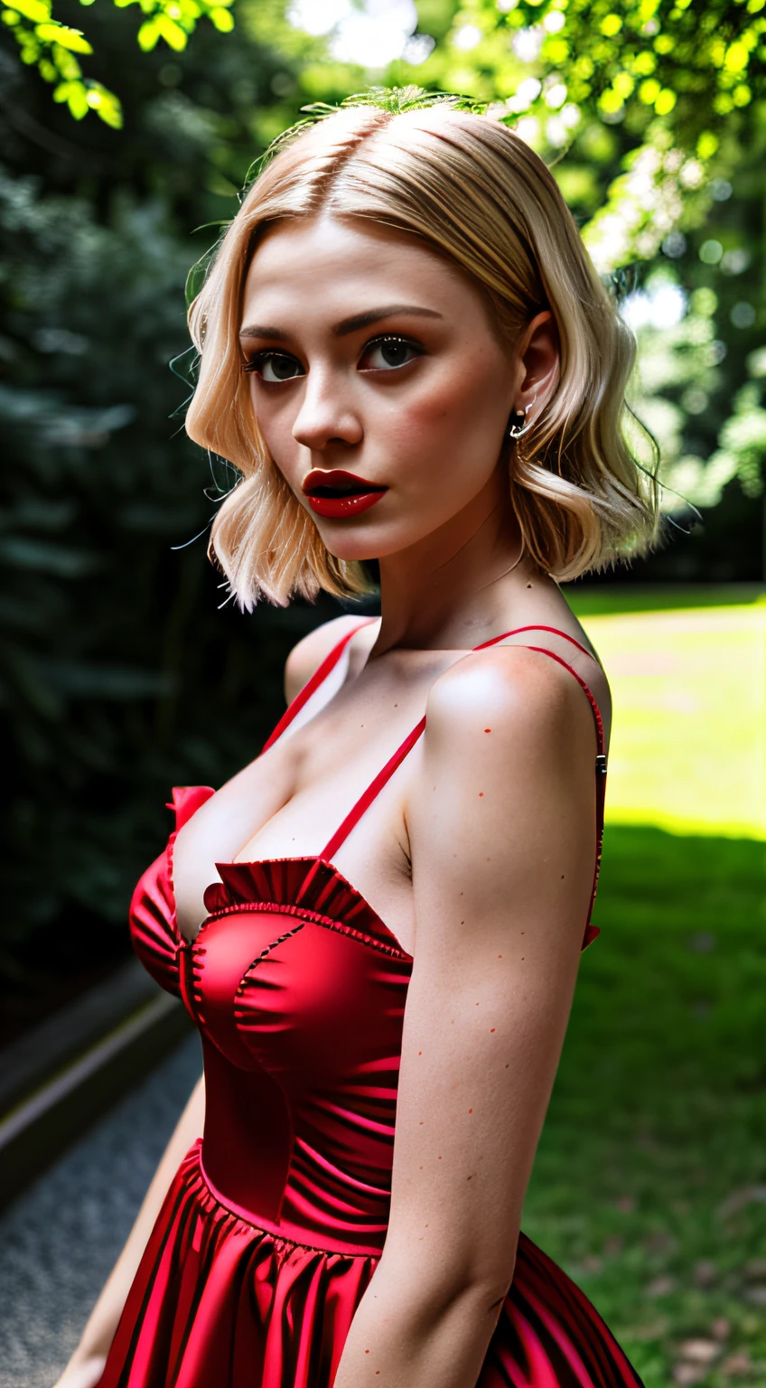 A photo of a sexy, gothic red dress worn by a woman with blonde hair and blue eyes, capturing the essence of summer. red lips, chromatic aberration abuse, UHD, retina, masterpiece, ccurate, anatomically correct, textured skin, super detail, high details, high quality, award winning, best quality, highres, 1080P, HD, 4K, 8k, 16k --q 5