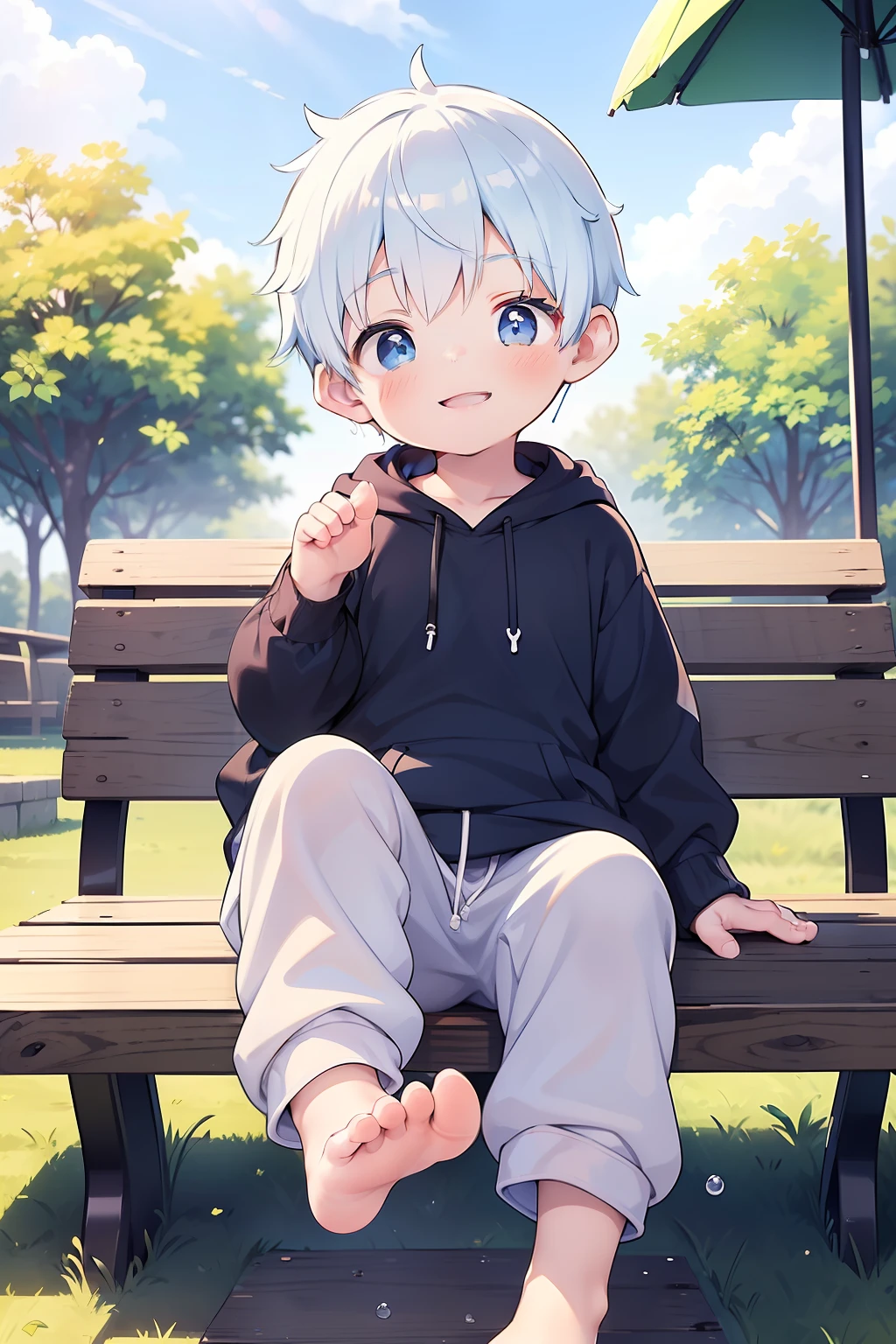 Masterpiece, chubby  boy with cyan hair and shiny bright blue colored eyes and wearing a hoodie, and oversized sweatpants sitting on a bench in a park showing his foot, young, boy, child,l, toddler, (satpants:1.4), (Boy:1.5), (Shota:1.6), (Young:1.4), (Male:1.6), (smiling:1.4), (foot:1.6), (shy:1.4), (blushing:1.0), (shorthair:1.7)