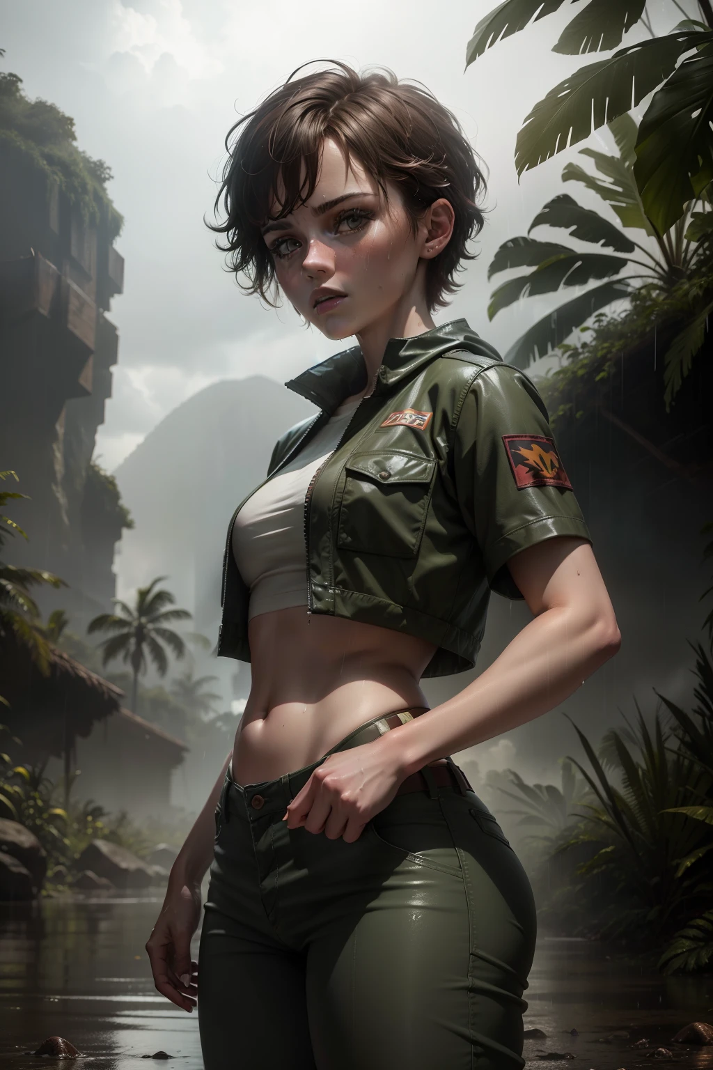 Hot Sophia lillis hunting alongside with a raptor next door jurassic jungle in background, rainy wet weather, soaking wet skin, raindrops, thunderstorm, bright neon lights, pale skin, high details, bare pants down,  best quality, 8k, [ultra detailed], masterpiece, best quality, (extremely detailed), dynamic angle, ultra wide shot, RAW, photorealistic,