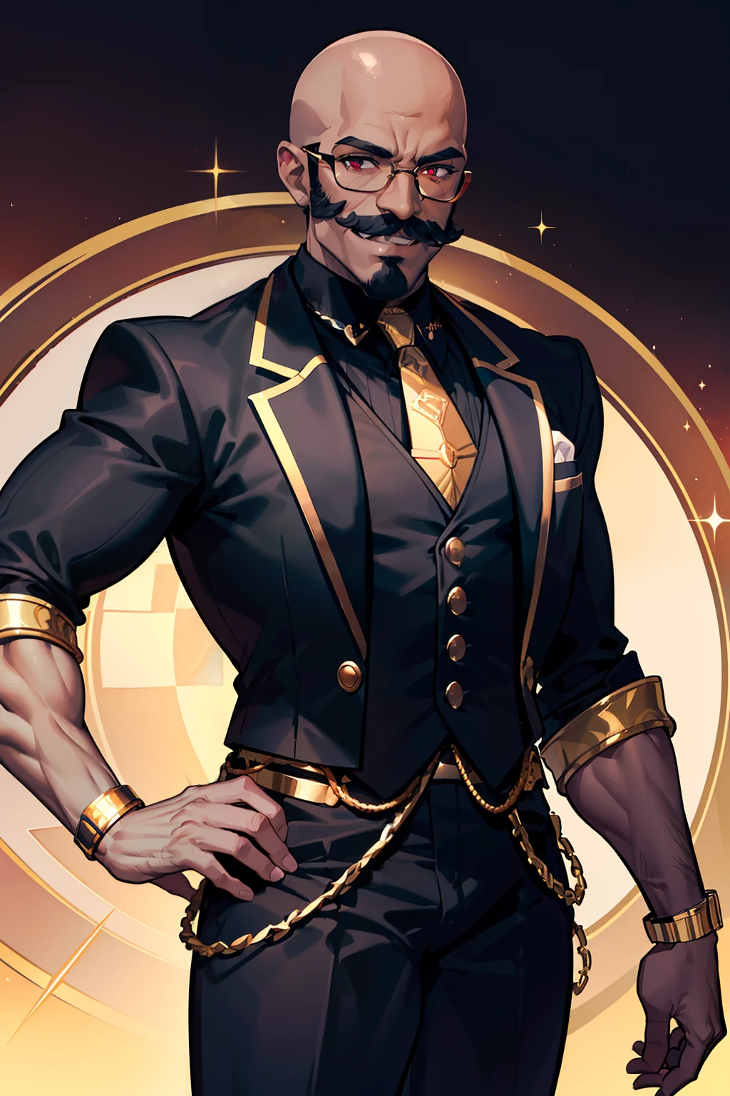 "(bald dark-skinned muscular man with a sly grin), garnet eyes, ((and large mustache)), wearing a top hat, luxurious black tuxedo with a black shirt complimented by a golden tie, golden sunglasses over his eyes, (golden city background), ultra HD, masterpiece quality, high quality, top quality, perfect quality"