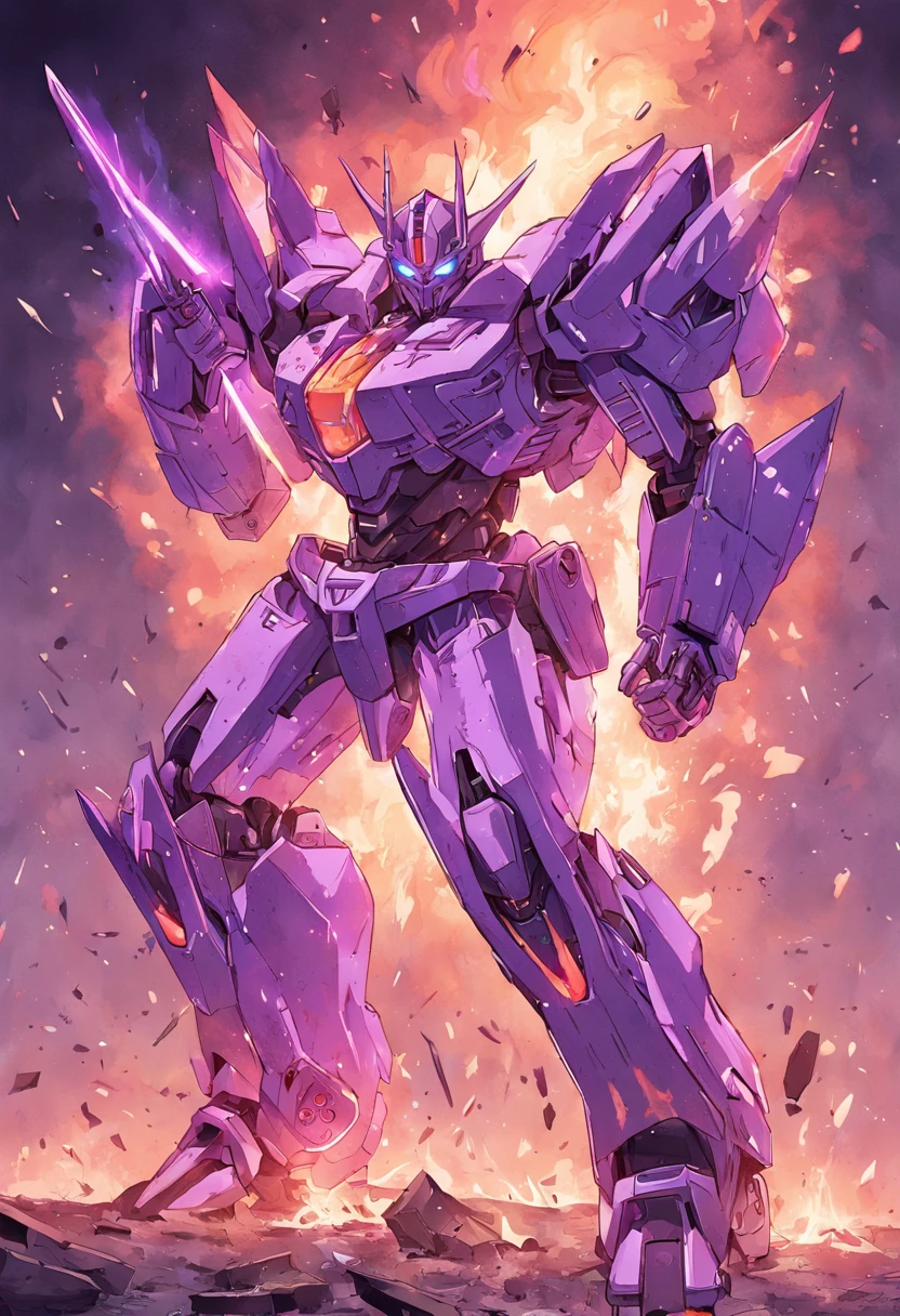 a drawing of a robot in purple color with a flaming sword with green fire and a knife, no sua armadura tem o brasao do Brasil, de transformadores, transformadores g1, Deus grego no estilo mecha, transformar, Transformadores!!!!!!!!!!!!!, Optimus Prime, sem sombreamento, transformando-se em sua forma final, desenhado em papel manteiga branco . Esse robo esta atirando em um helicoptero dos inimigos
