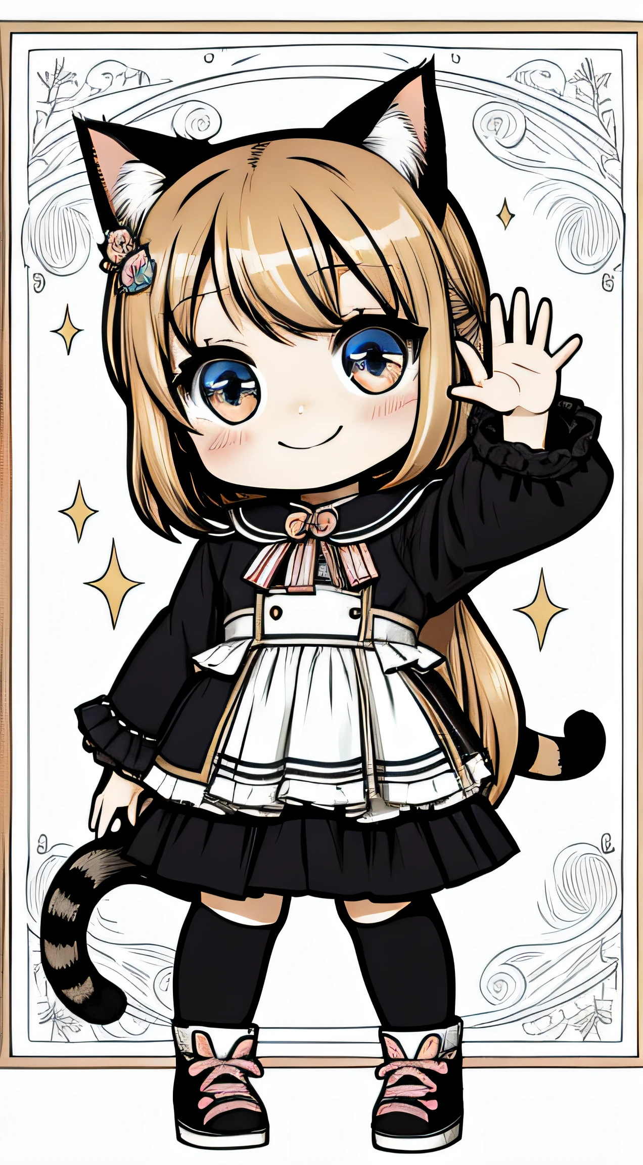 Chibi art, cat girl, smiling, waving hand