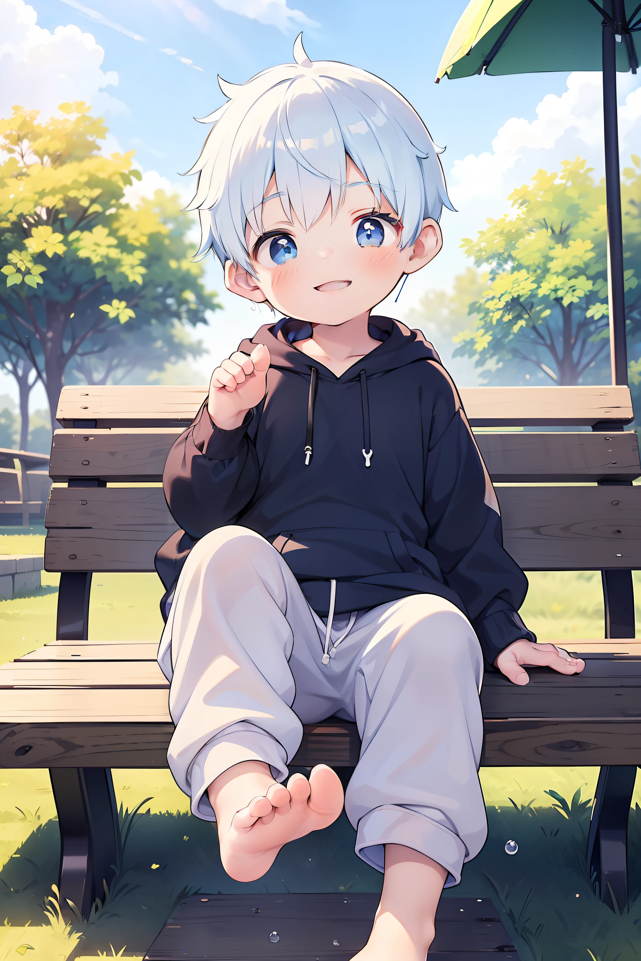 Masterpiece, chubby ********** with cyan hair and shiny bright blue colored eyes and wearing a hoodie, and oversized sweatpants sitting on a bench in a park showing his foot, young, boy, child, small, toddler, (sweatpants:1.4), (Boy:1.5), (Shota:1.6), (Young:1.4), (Male:1.6), (smiling:1.4), (foot:1.6), (shy:1.4), (blushing:1.0), (shorthair:1.7)