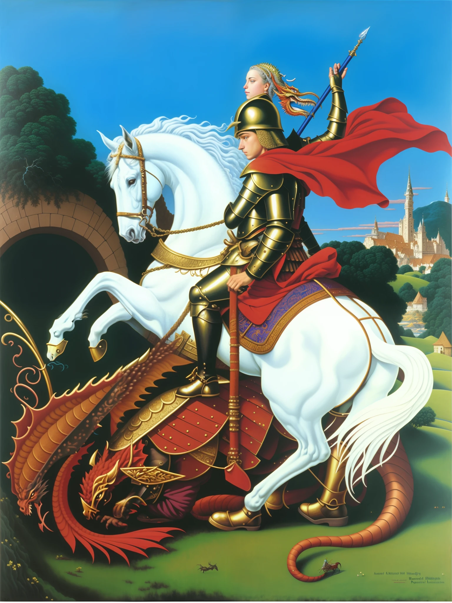 Painting of a man in armor riding a white horse next to a dragon, Directed by: Mati Klarwein, raphaël, De Kehinde Wiley, cavalo Michael, virgil finlaytim hildebrandt, inspirado por Mati Klarwein, Directed by: Alexander Bortnik, um cavaleiro, ( ( Barclay Shaw ) ), Por Joseph Stella