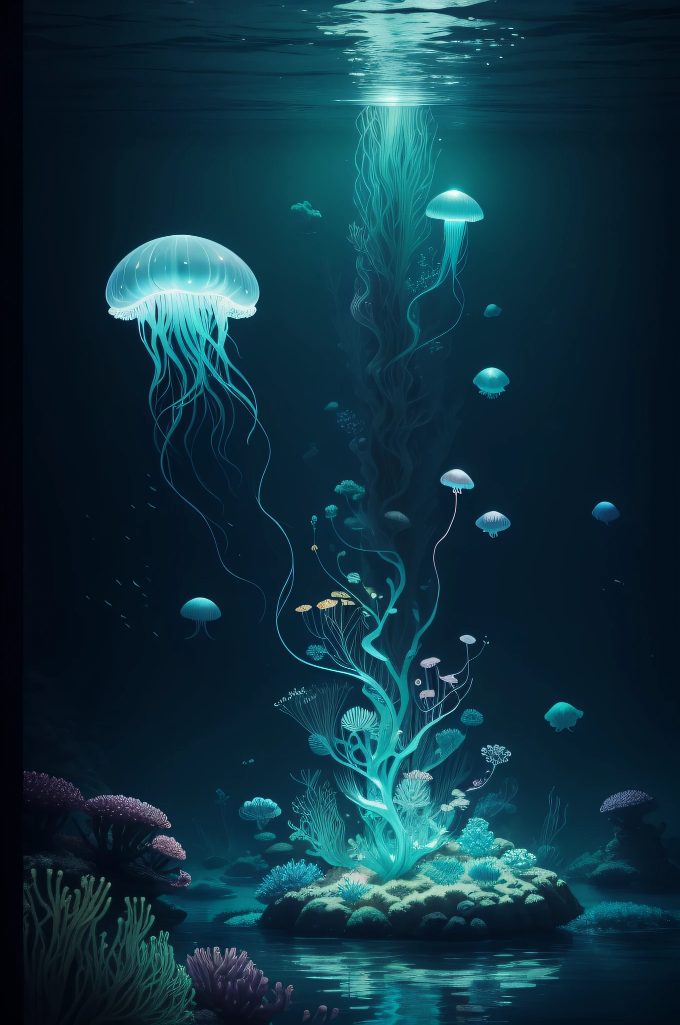 Imagine a whimsical underwater world filled with floating jellyfish-like creatures and bioluminescent plants