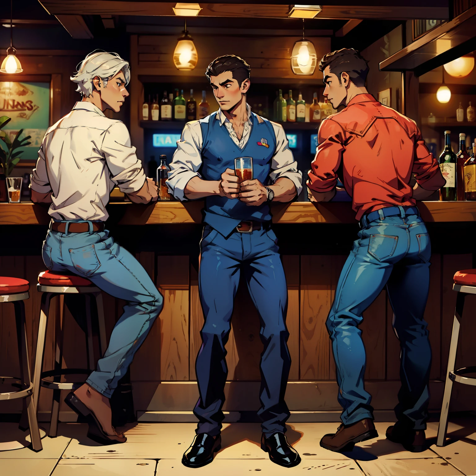 NSFW ,SOLO MAN , tavern ambiance and background、detailed face , detailed body part , detailed hands , detailed fingers, detailed nice size cock ,A handsome tall man standing (((Stephen AMELL))) ,He is 40 years old,Thin waist,The pectoral muscles are well developed, He is 175cm tall,Weight 72 kg、blue-green eyes、brown hair color、short hair, wearing vintage jeans showing his cock , looking at the viewer ,Smiling,Lots of beer bottles,holding a beer bottle in his hand and saying cheers to friends