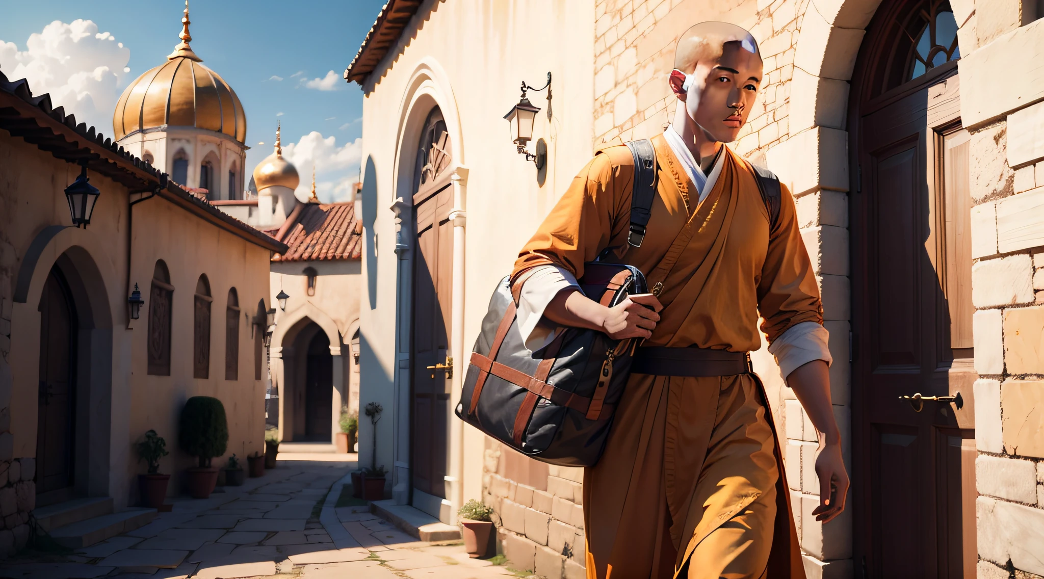 A male being, a young monk, arriving at the monastery, sunny day, 8k.