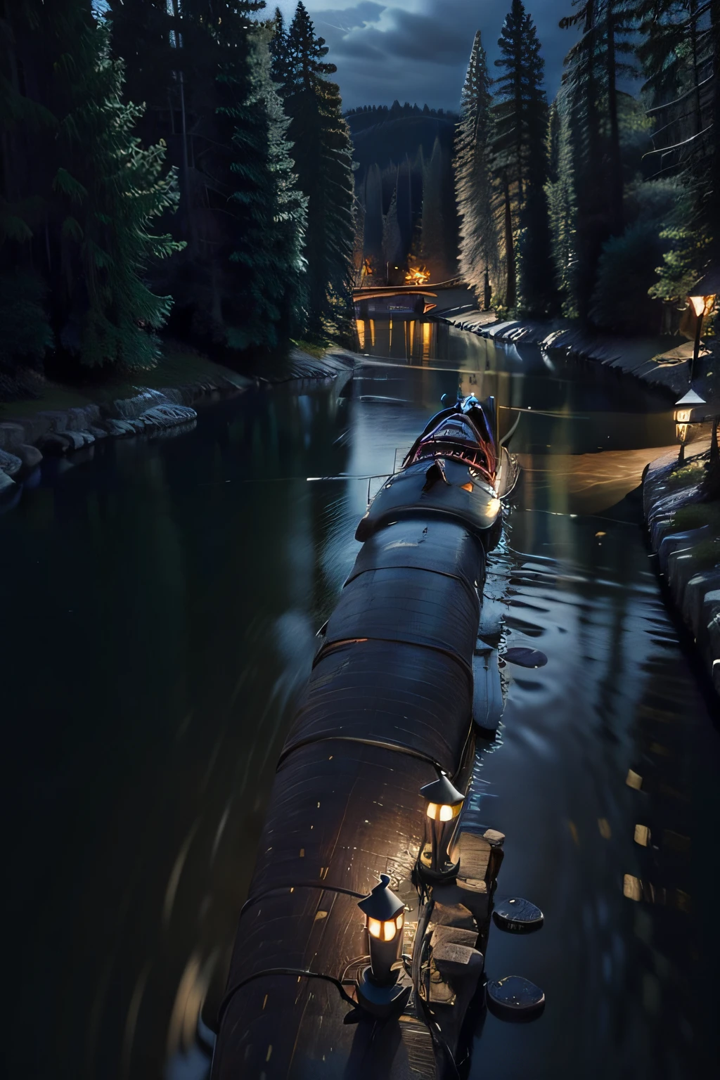 river, night, women with long hairs beautiful red eyes, glowing fish in the river, lamp, dark night