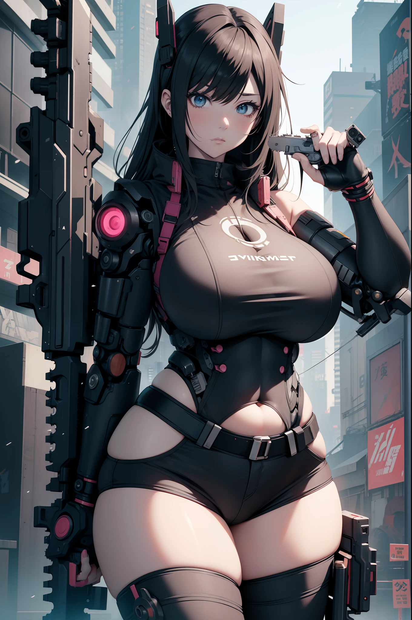 anime girl with a chainsaw and a gun in her hand, cyberpunk art by Shitao, pixiv contest winner, auto-destructive art, oppai cyberpunk, thicc, heavy detailed, (sfw) safe for work, heavy looking, biomechanical oppai, giantess art, badass anime 8 k, thicc build, highly detailed giantess shot