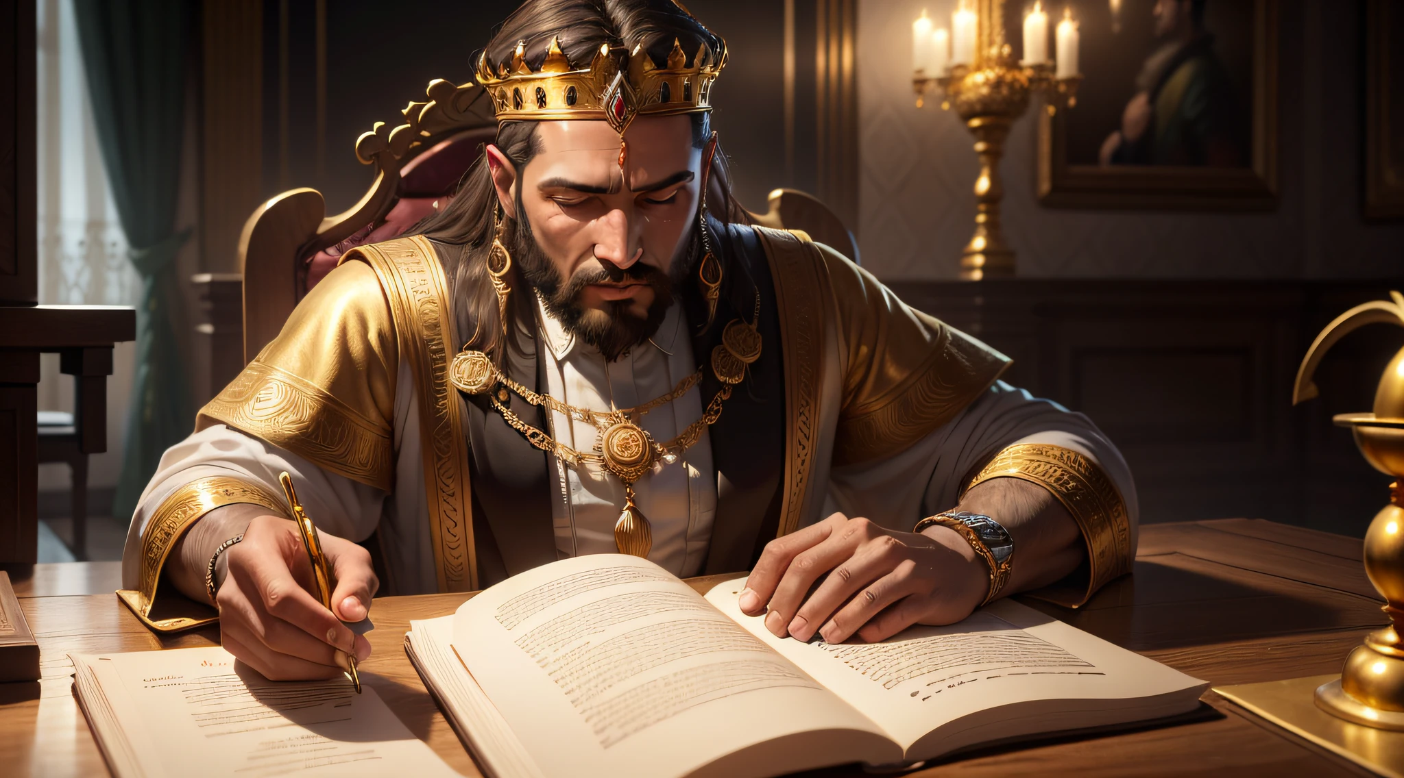 King Solomon ultra-realist (judeu com coroa), sentado em um trono, barba cumprida, cabelos cumpridos castanhos, 35 anos, detalhado, sem defeitos, writing in a book on the table, On the table is a gold chandelier and many stacks of detailed gold coins, Real luxury setting