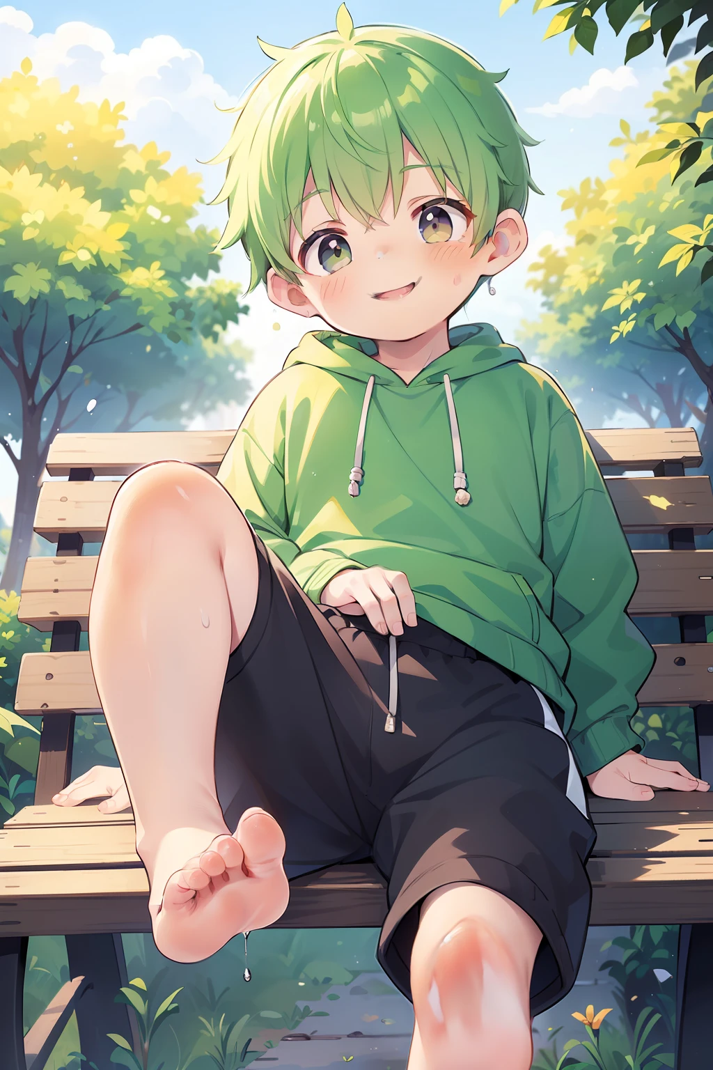 Masterpiece, chubby  boy with green hair and shiny bright orange colored eyes and wearing a hoodie, and oversized sweatpants sitting on a bench in a park showing his foot, young, boy, child,l, toddler, (satpants:1.4), (Boy:1.5), (Shota:1.6), (Young:1.4), (Male:1.6), (smiling:1.4), (foot:1.6), (shy:1.4), (blushing:1.0), (shorthair:1.7)