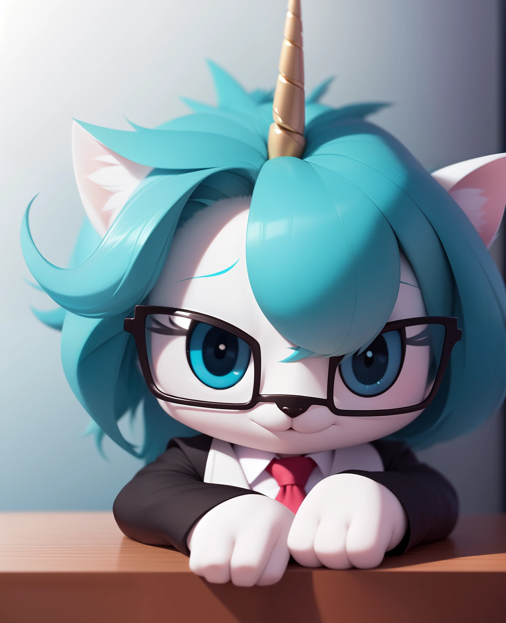 unikitty, biznis kitty, furry female anthro, unicorn girl, portrait, close-up, kneeling on table, glasses, necktie, solo, (body fur:1.2), (best quality), (detailed board room background:1.2), dramatic lighting, (detailed fluffy fur:1.1), smile, looking at viewer,  animal ears,