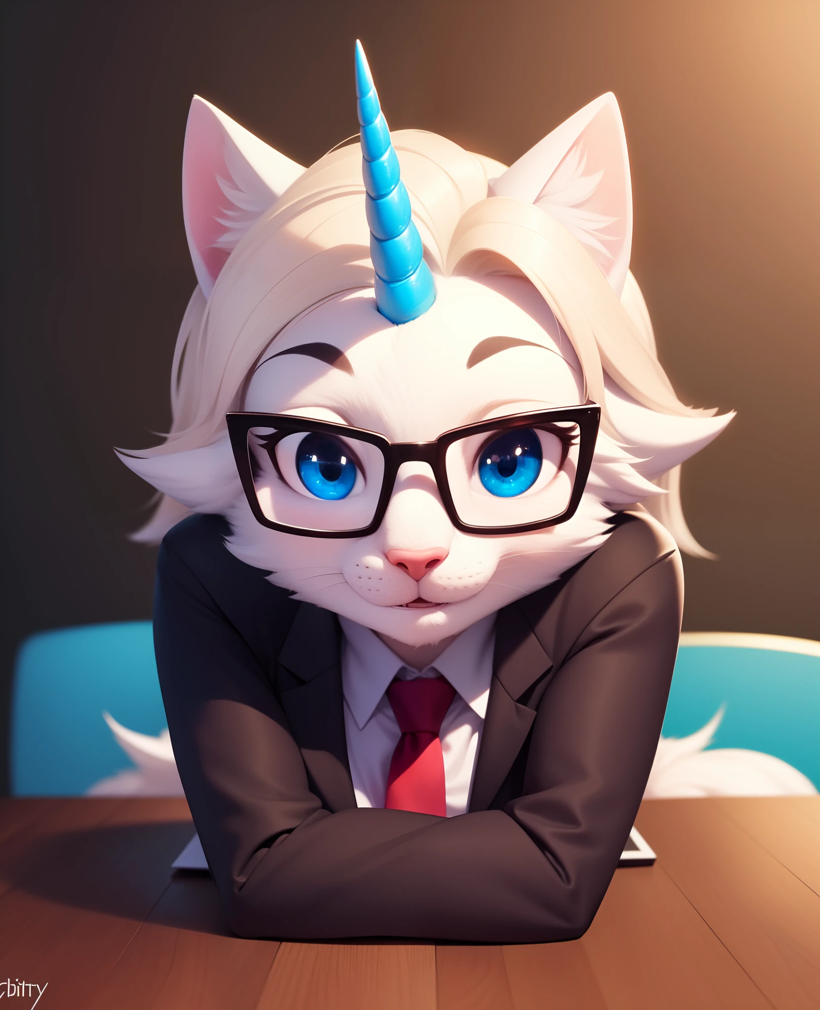 unikitty, biznis kitty, furry female anthro, unicorn girl, portrait, close-up, kneeling on table, glasses, necktie, solo, (body fur:1.2), (best quality), (detailed board room background:1.2), dramatic lighting, (detailed fluffy fur:1.1), smile, looking at viewer,  animal ears,