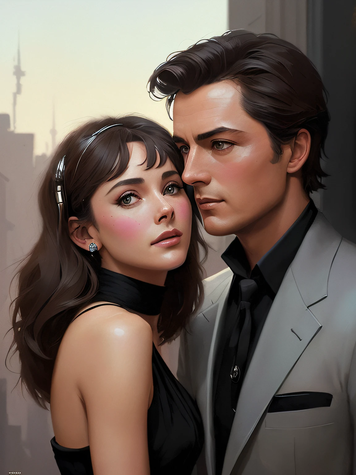 Alain Delon and Audrey Hepburn hugged and looked at each other, efeito VHS, (poster: 1.2), ( roupa elegante: 1.2), (corpo inteiro), (Postmodern Fashion Style), (Cyberpunk), poster on the wall, nostalgia, Poster do filme O Eclipse,, (textura da pele), intricadamente detalhado, detalhes finos, hiperdetalhado, ray tracing, subsurface dispersion, lighting soft fuzzy, profundidade de campo rasa , por (Clima Oliver) majestic professional oil painting by Ed Blinkey, Atey Ghailan, ghibli studio, de Jeremy Mann, Greg Manxadinho, Antonio Moro, trending in the artstation, trend at CGSociety, intrincado, alto detalhe, foco nítido, dramatic and photorealistic painting art of (Greg Rutkowski:1.4), Bokeh,