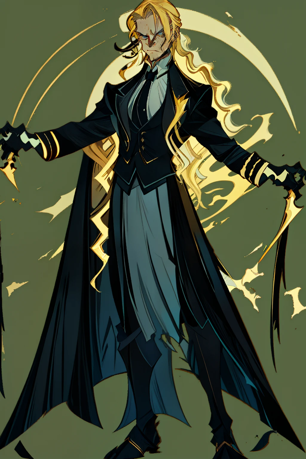 A man wearing a black suit and black tie with gold accents, white gloves, yellow blonde hair with long hair tied back, chapped face, hair tied up in a thin sad depressed rickety