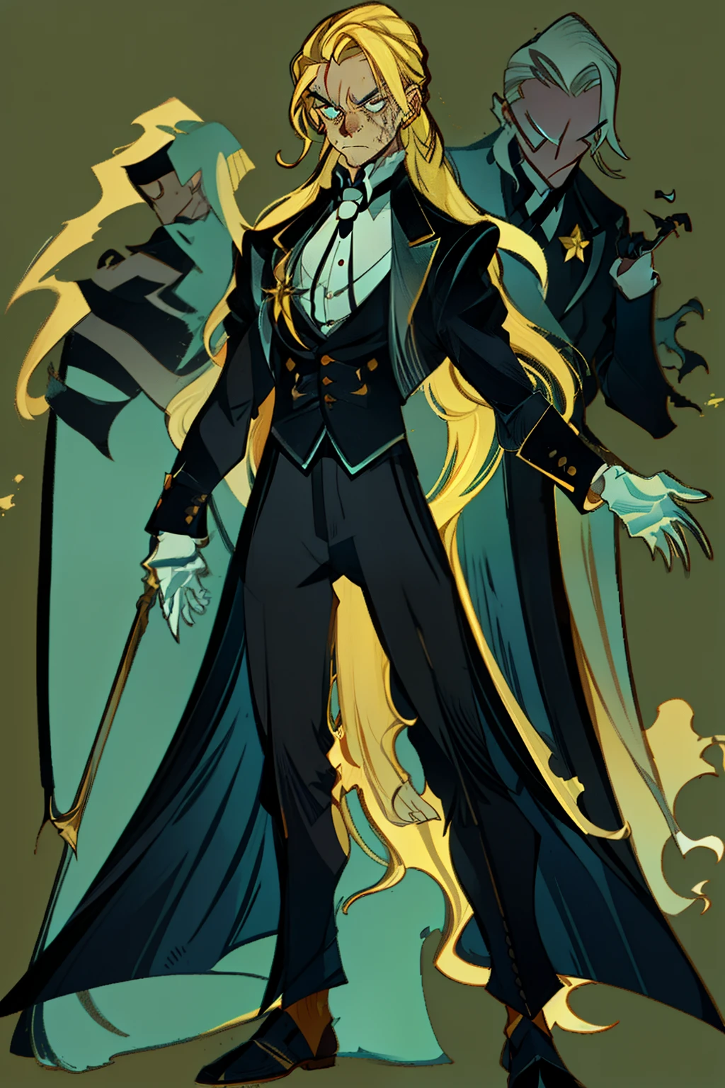 A man wearing a black suit and black tie with gold accents, white gloves, yellow blonde hair with long hair tied back, chapped face, hair tied up in a thin  sad depressed rickety