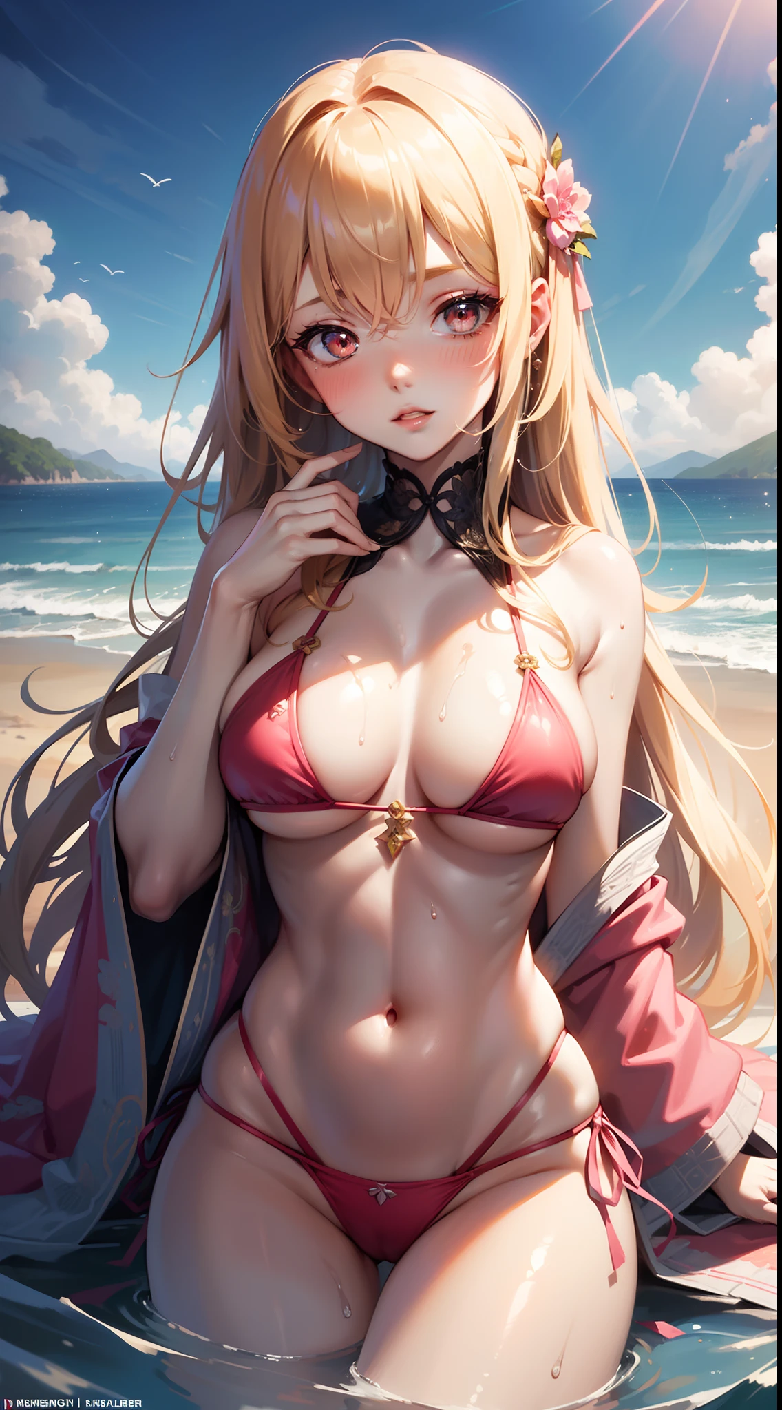There is a woman in a pink bikini, Naughty Bikini, Japan Girl, Japan women, Japan style, shores, Glittering beaches, mare, Water splashes are flying, Awkward bikini, Obscene bikini, portrait photo, A Princess, Inspired by Nogizaka46, Blonde goddess, beautiful brunette girl, oriental girl, master work, The highest image quality, hightquality, high detailing, 超A high resolution, 8K resolution, depth of fields, Cinematography, intricate detailes, Elaborate, meticulous, Magnificent, Maximum Detail, Extreme beauty, (((1girl in, Solo))), 18year old, Long hair, Multicolor Hair, White skin, Realistic, masutepiece, (The highest image quality), hightquality, high detailing, 超A high resolution, the panorama, Exquisite facial features, Perfect face, Glowing skin, Dreamy background, Women, Girls, angelicales, mini girls, goddes, bard, Shy, Surprise, shoulder-length hair, Golden hair, sharp and clear focus, three-dimensional silhouette, correct proportions, Realistic portrait, Face Close-up, a very temperamental beautiful girl, Slender figure, Exquisite facial features, long hair flowing, Black hair, extremely detailed hair description, (鎖骨), Perfect face, clean and flawless face, long eyelashes, light pink eye shadow, shallow dimples, blush, watery big eyes crystal clear, delicate cream Glowing skin like skin, detailed skin details, CFG scale: 8,(Beautiful girl with big breasts and hair),(She wears a pink bikini、lips slightly apart,),(Because she stands surrounded by splashes of water、Her navel is visible), a dream-like atmosphere with vibrant colors and soft lighting,1girl in, Large breasts, Navel, Parted lips