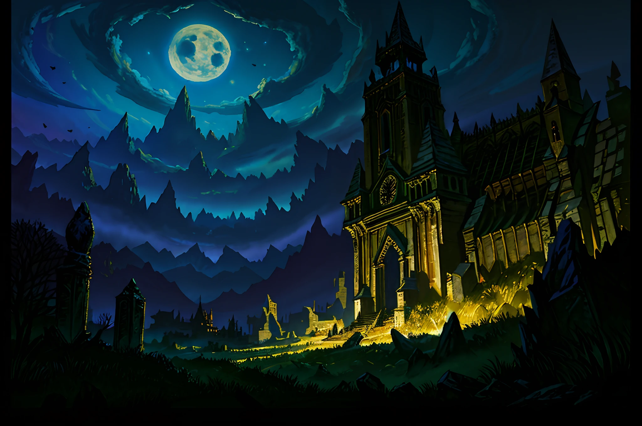 painting of scary looking graveyard, diablo 2, late night, dusk, night, dark, starlit, fantasy, medieval, loading screen art, ink outlines, wallpaper, vignette, matte painting by (Kazimir Malevich:1.1), simple lighting, dynamic shading, complementary colors, HDR, absurdres, cinematic, muted colors, limited color pallete, (masterpiece:1.2), (best quality:1.1),