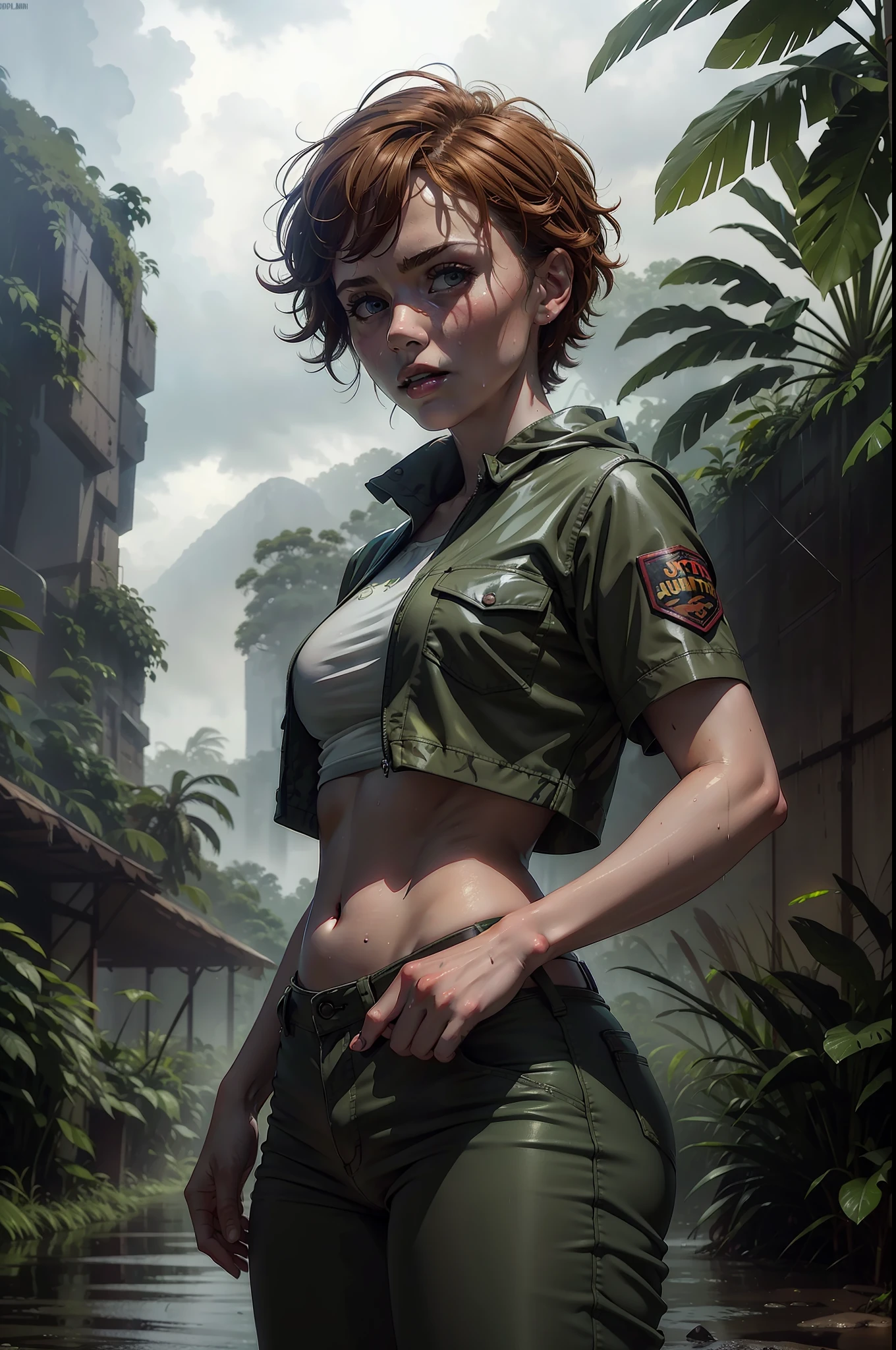 Young Woman, mine camp, bunkers, 8K UHD, radiance, dark green, brown, sun, leonardo, puma, open jacket, nude, sunglasses, photographic detailed, saturation, forest, collision trucks, collision jets, full color, portrait