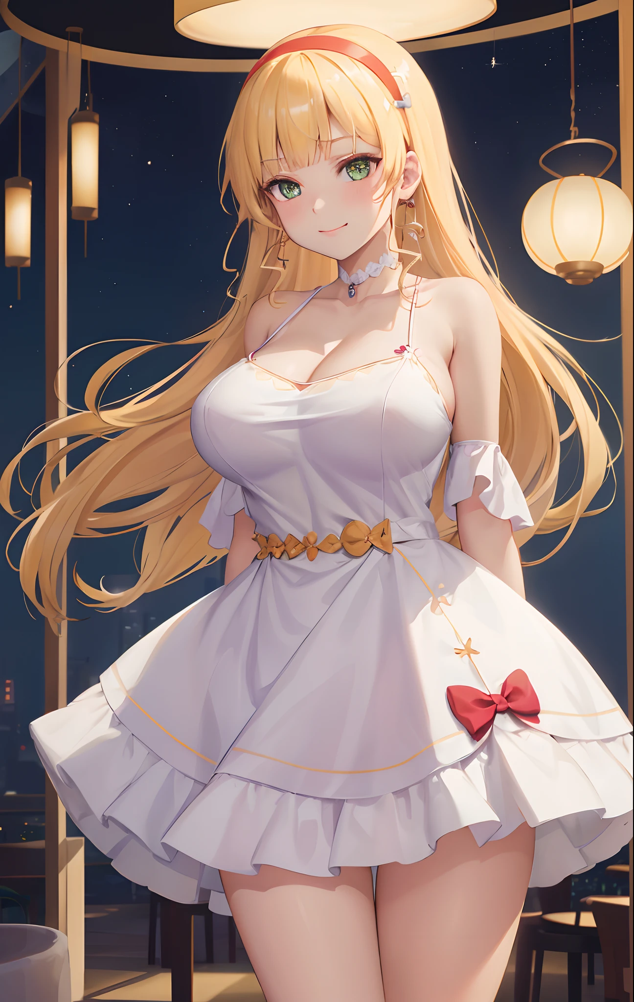 sumire1, hairband, long hair, 1girl, high_quality, 8k, masterpiece, defined_pupil, vivid_colors, (high_quality_eyes:1.1),
(elegant_restaurant:1.2), (vivid_lights:1.1), (chandelier:1.2),
looking_at_viewer, (from_behind:1.2),
blushed, smile, closed_mouth,
(white_gala_dress:1.3),
thighs, hips, cleavage, bare_shoulders,
(slightly_big_breasts:1.3), bangs, blunt_bangs, red_headband