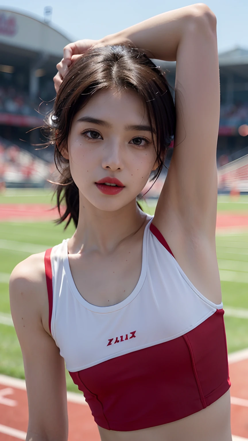 ((armpit pose、Armpit、Armpit、​masterpiece, Top image quality, hight resolution, 独奏, small tits,Sleeveless uniforms on land、Track and field athletes、Stand on the field、no-bra、Armpit hairy、Detailed wrinkles in the armpits ))Latina, puberty, Sweaty、red lipsticks、athletic field、独奏