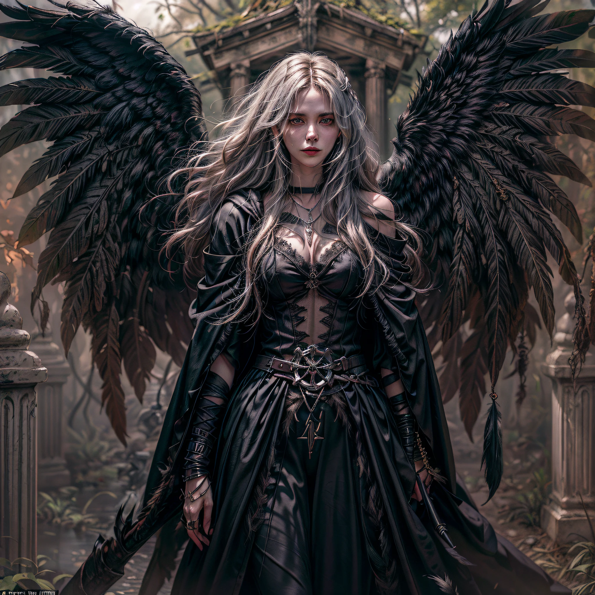 (Numerous award-winning masterpieces, with incredible detail, textures and maximum detail), (hyper realistic:1.4), (realistic:1.3), (best quality real texture skin), (finely detailed true circle eyes), (finely Detailed and beautiful face:1.6), ((medieval world)), (grim reaper:1.4), (icy look in the eye), (she has a nasty smile on her face but her eyes aren't smiling:1.3), (Full-length portrait:1.5), (It has a soul-reaping scythe in its hand:1.5), (Eyes that glow red in the dark), (Dramatic Light), (full-body standing image:1.5), (A majestic sight), Her countenance is gentle and beautiful, but somehow terrifying, (Large wings with ragged black feathers behind shoulders:1.3), (Wears a dark black hooded robe with intricate patterns:1.2), (A sack containing reaped souls with a faint glow:1.3), Folded wings, Earrings with a skull pattern, (Followed by Skeleton Reaper: 1.3), (((dramatic photo))), (twilight), (sunset), (dusk), ((dramatic pose)), (flamboyant photo), (golden hair), (silver hair), (chestnut hair), ((looks up)), ((looking down)), (gives full-body standing image:1.5), (Around her neck is a simple necklace of exquisite workmanship), Forgotten Tomb Overgrown with Vegetation, Great Tomb, Underground Labyrinth, Evil Temple Ruins, Sacrificial Temple, Mysteriously, (Magic Circle of Ominous Shine:1.2), Ancient Castle Ruins, Deserted Graveyard Ruins, Crumbled Ancient Tomb, Stagnant Water Ancient Ruins, Swamp Ruins, wavelets, running water, Shining majestic cloud masses and sky, lightning bolt,