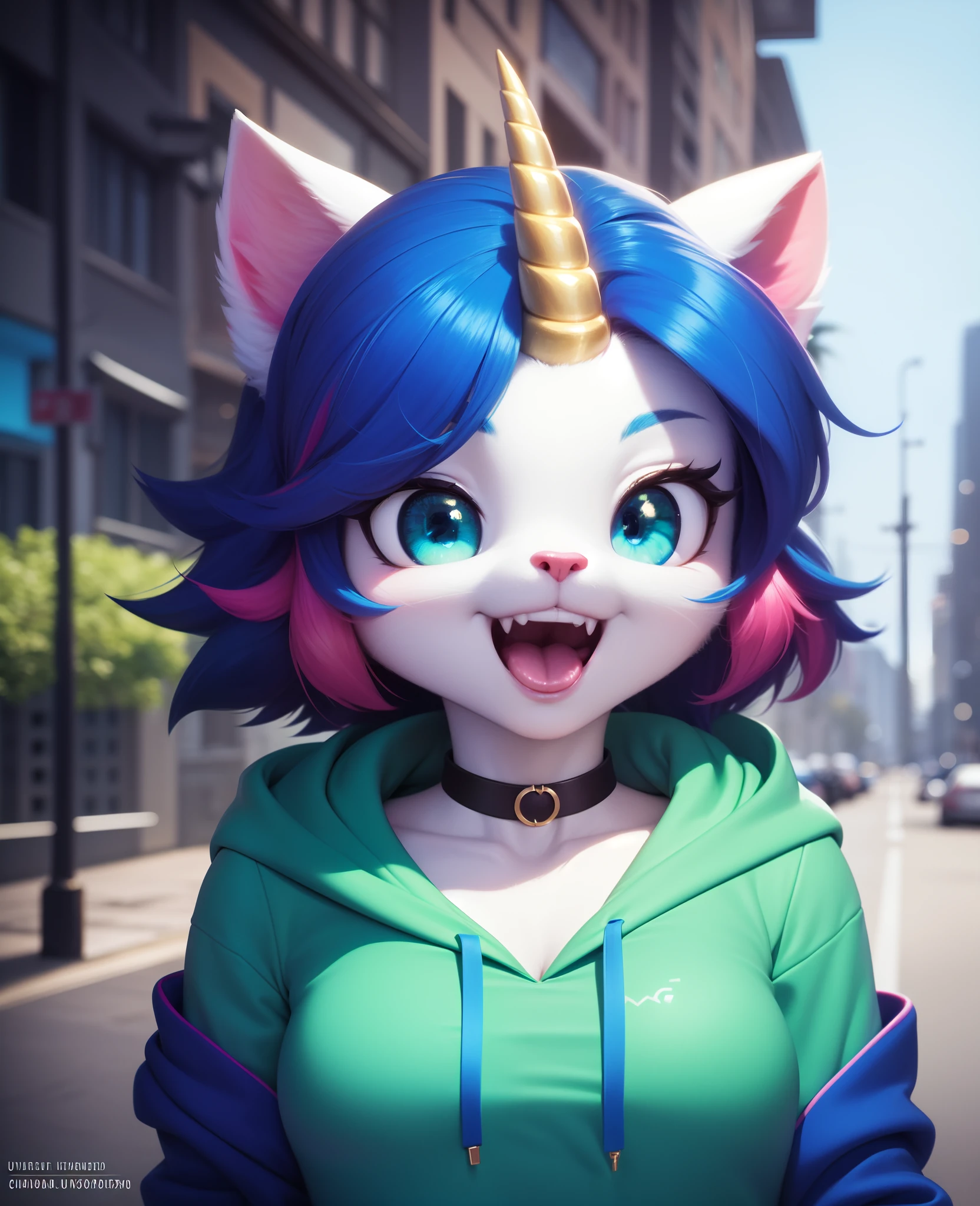 unikitty, furry female anthro, unicorn girl, portrait, close-up, green choker, (short hair, multicolored hair:1.2), (blue hoodie:1.2),  fur trim, solo, (body fur:1.2), (best quality), (detailed urban background:1.2), dramatic lighting, (detailed fluffy fur:1.1), open mouth, looking at viewer,  medium breasts,