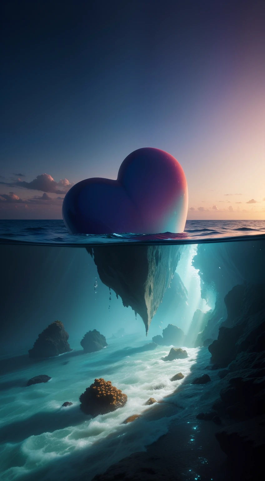 A stunning image of the bottom of the sea, displaying the shimmering, coral-covered rocks and the seabed below. blanketing the scene with a warm, golden light, the waves rattle against the seabed, creating an enchanting, magical atmosphere. The soft, diffused light creates a mesmerizing, underwater landscape, while the shallow depth of field isolates the diver from the beauty of the scene. shallow depth of field, f/4 aperture, soft focus