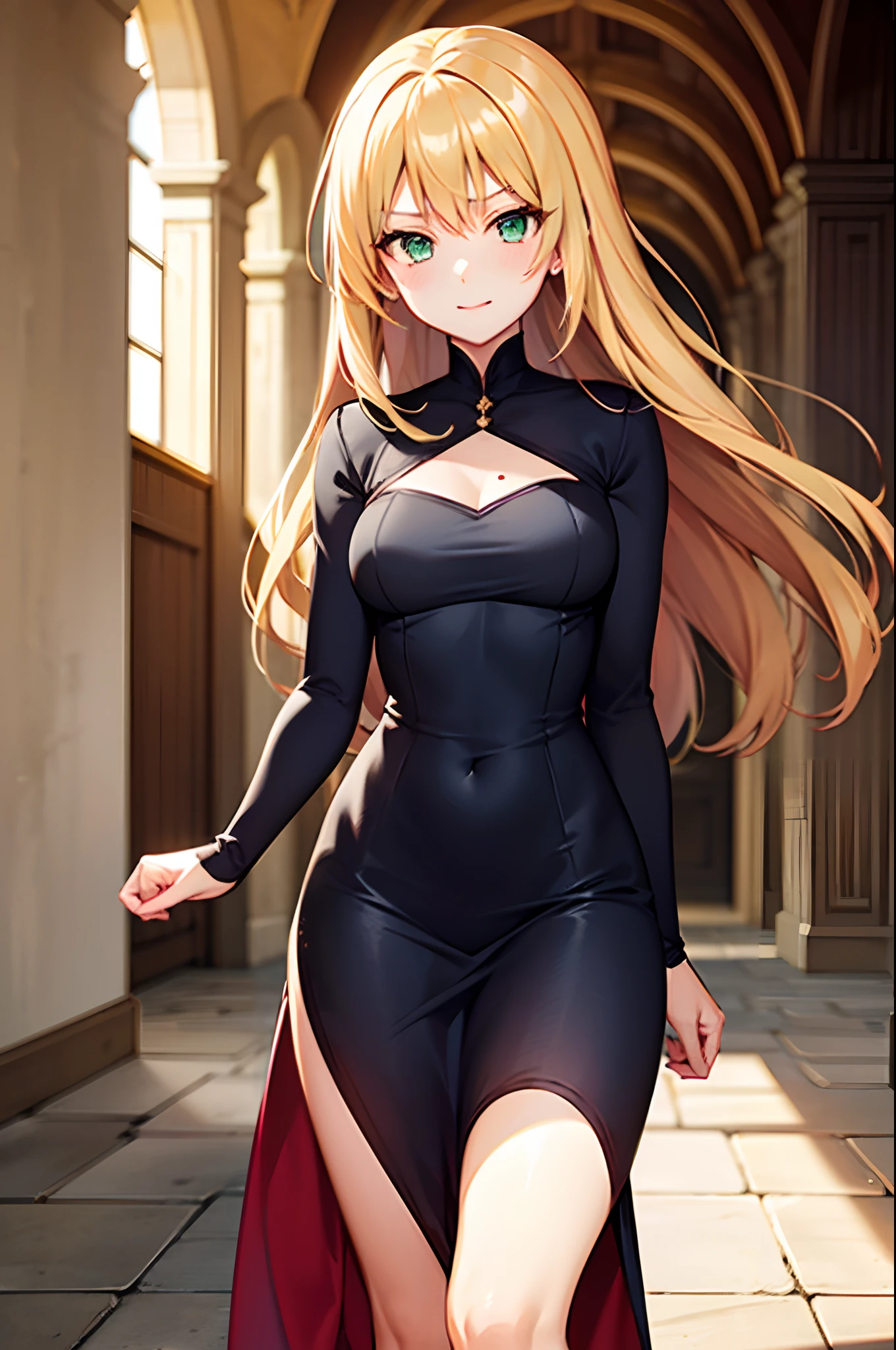 Anime girl with blonde long hair, light green eyes, yellow medieval dress, medieval tower, looking at viewer, sunny day, wind, ultrasharp, 8k, seductive girl, perfect body, perfect eyes, perfect anatomy,