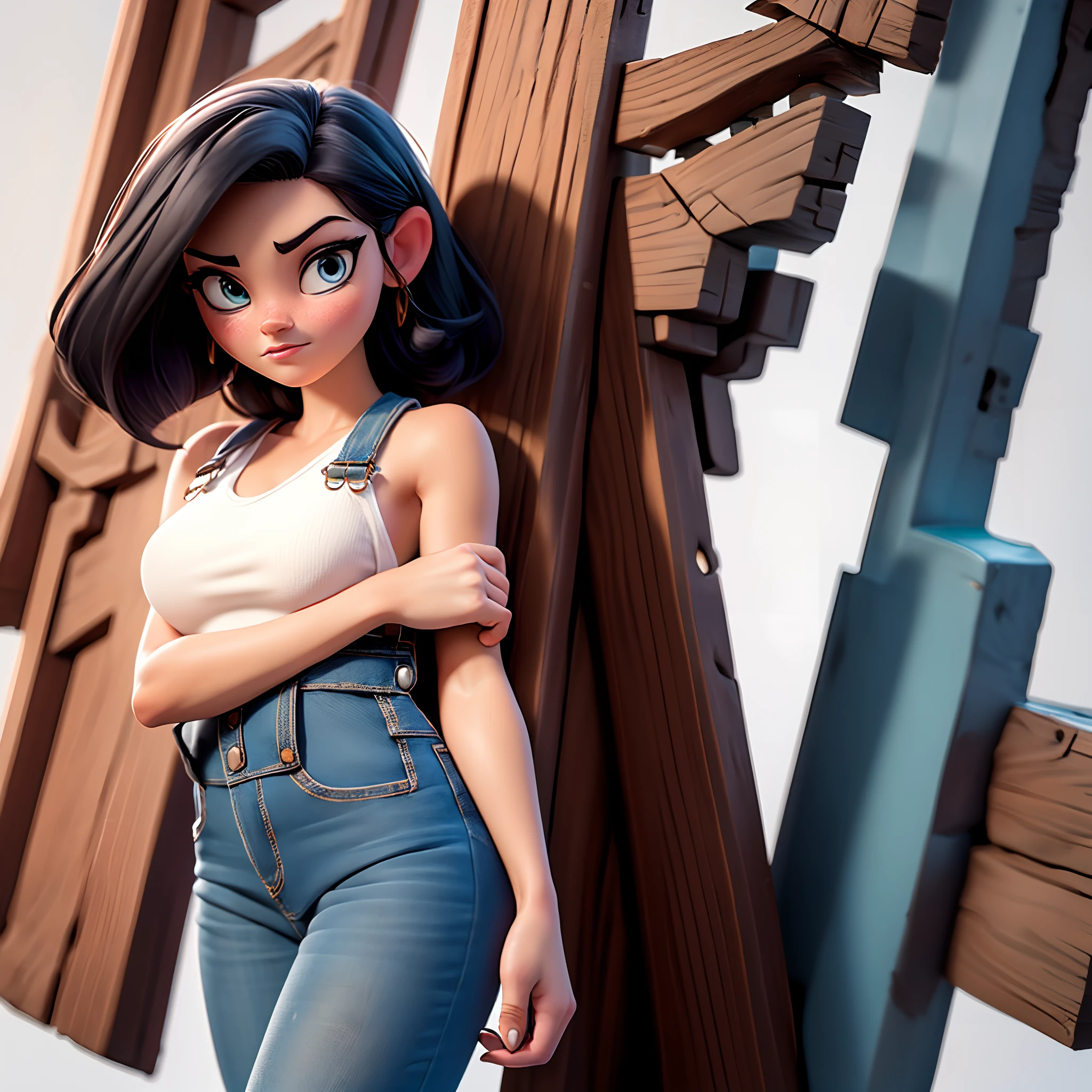 1 voluptuous woman (Sarah Hyland), short black hair, hairstyle pixie, eyes, environment change scene, Female, wearing only "jeans overalls", "without shirt", uncovered shoulders, (simple background, white background: 1.3), illustration, ((masterpiece)), (((best quality))), UHD, highres, 8k, best quality, high details, anatomically correct, body side