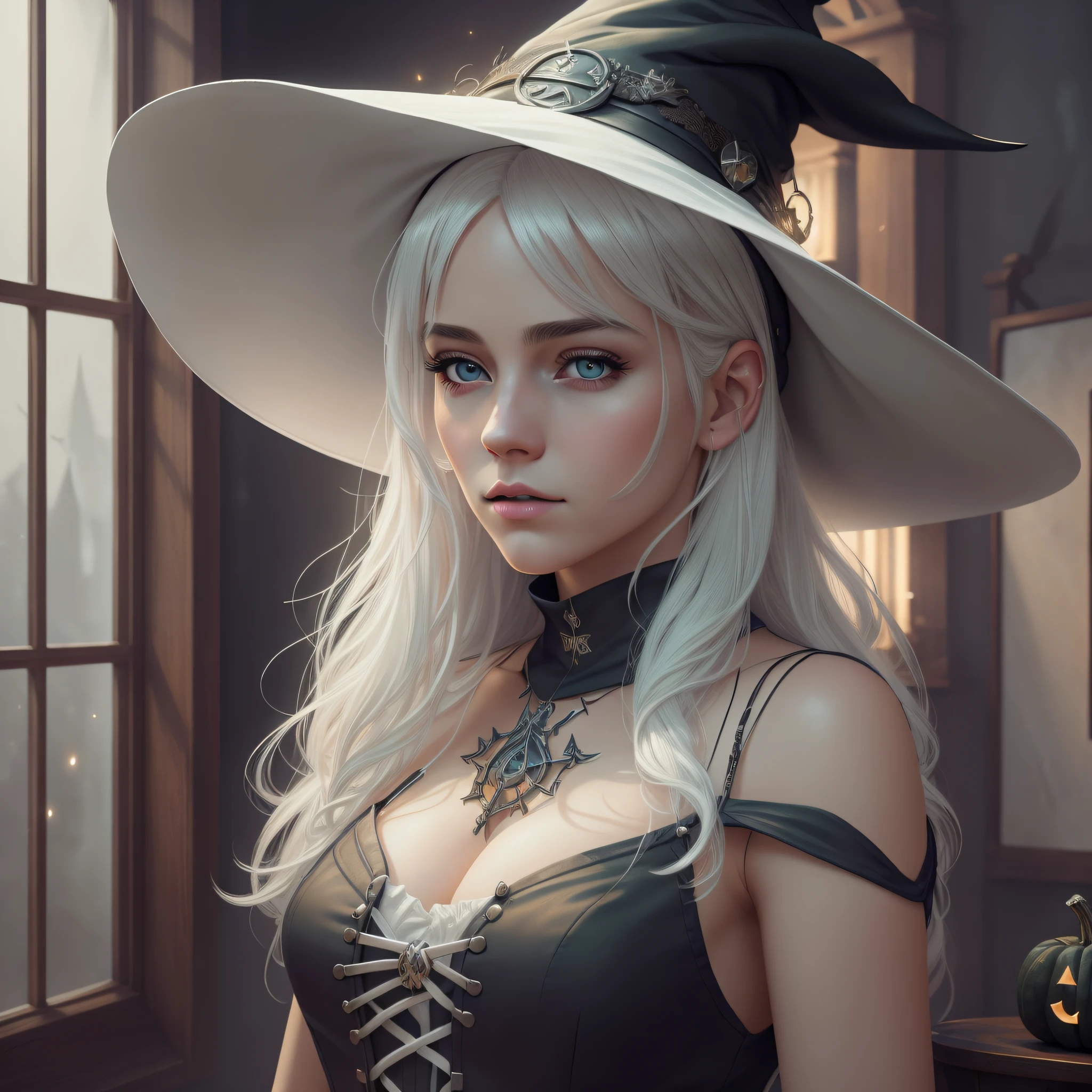 (masterpiece), (best quality), photorealism, realistic, ultra detailed, 8k resolution, (1girl), solo, beautiful girl, white hair, witch, front light, cinematic light, cold light, dark background, witch hat, indoor, mystery, fantasy, pumkin