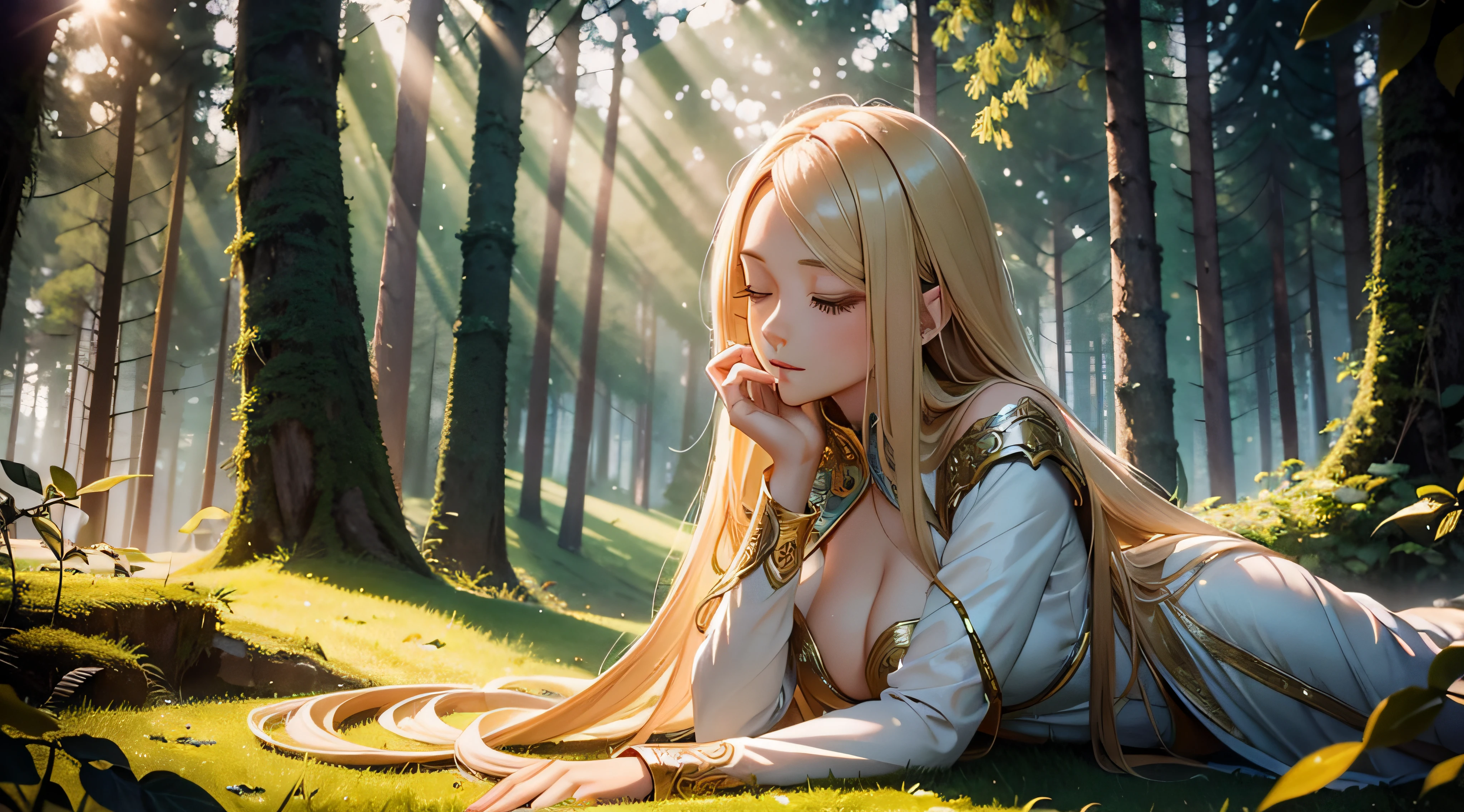 Full body portrait of transcendent sexy beauty with long blonde hair sleeping quietly upwards in forest、sacredness、Highly detailed background,Realistic,ultra-detailliert,super detailed skin,light glow,Film grain,Expro II,Lens Flare,Sharpen,cinematic shadow