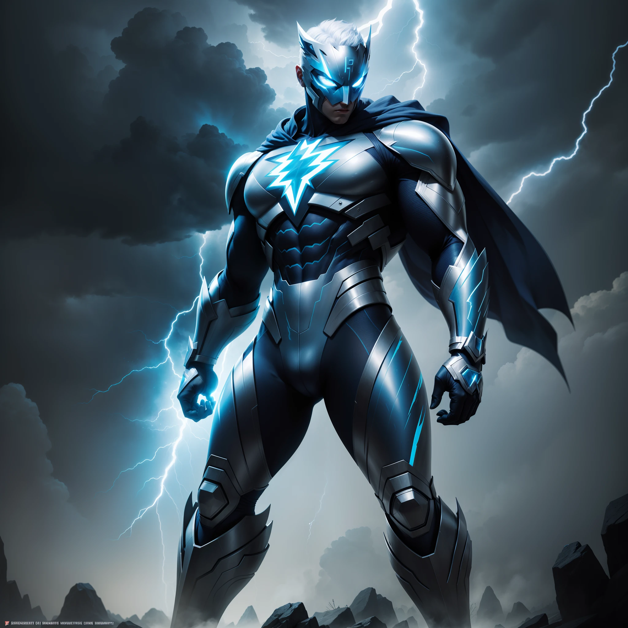 Create a superhero character inspired by lightning, full body, silver and blue coloured, it should be a fully masked character, no human face features, beautiful nature lightning and thunder background, highly detailed, high quality artwork, high quality, rich colours photography, no cartoon looking character.