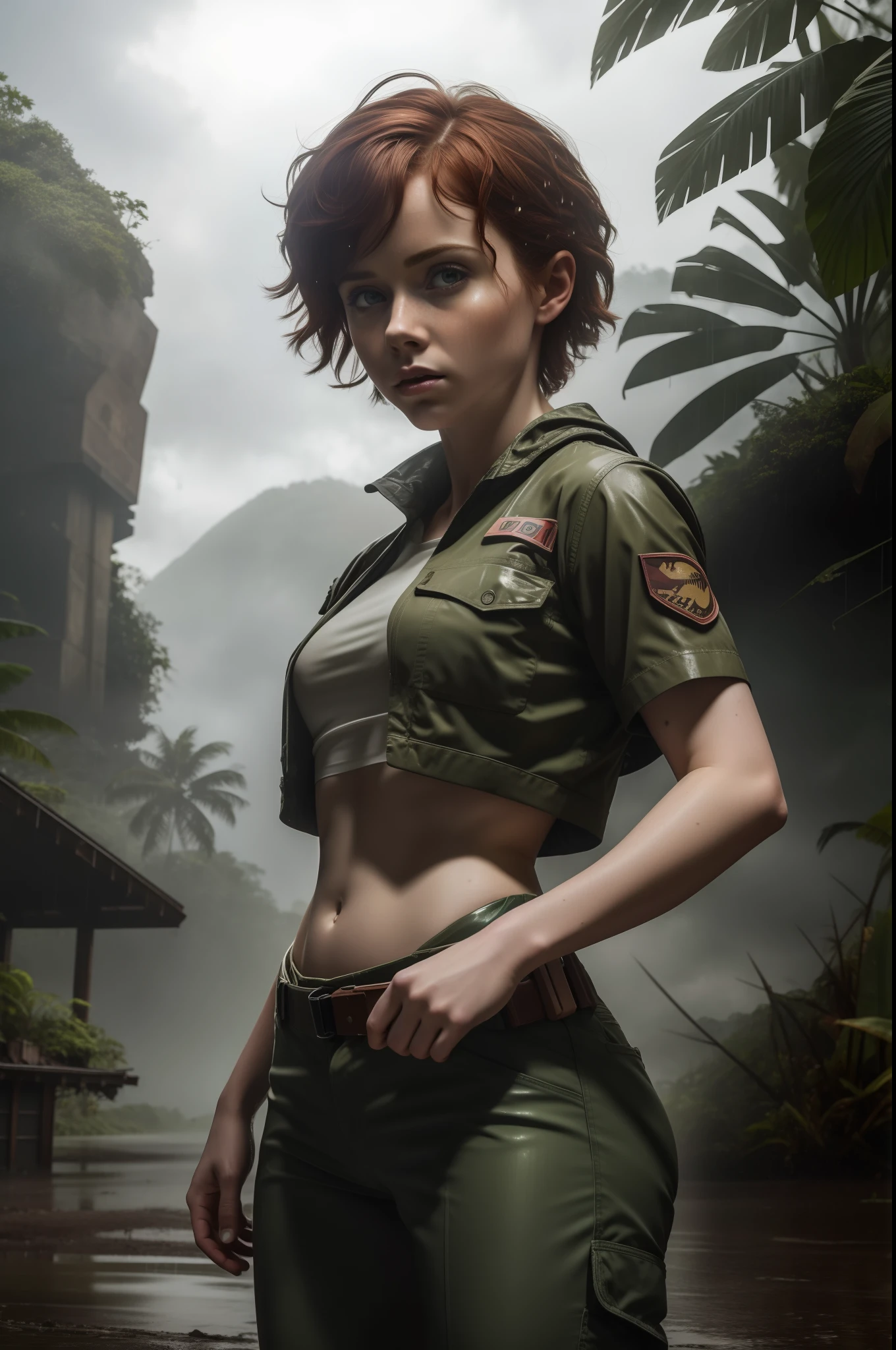 Hot Sophia lillis hunting alongside with a raptor next door jurassic jungle in background, rainy wet weather, soaking wet skin, raindrops, thunderstorm, bright neon lights, pale skin, high details, bare pants down,  best quality, 8k, [ultra detailed], masterpiece, best quality, (extremely detailed), dynamic angle, ultra wide shot, RAW, photorealistic,